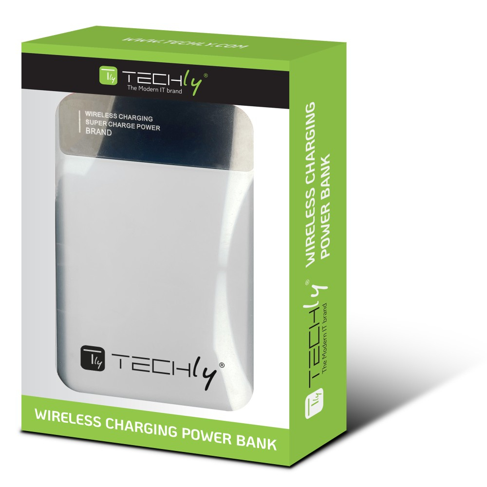 Un power bank di ricarica wireless TECHLY bianco in una scatola verde e bianca. La scatola presenta il marchio e le informazioni sul prodotto.