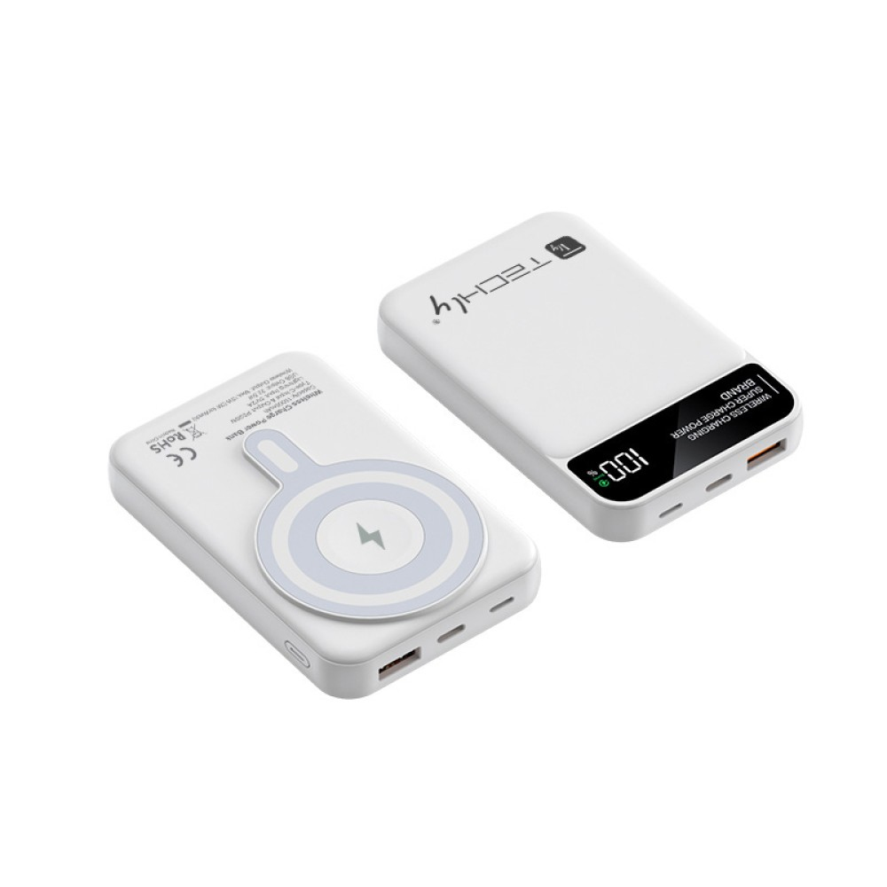 Sono visualizzate due power bank bianche. Una ha un simbolo di ricarica, l'altra mostra il 100% e il nome del marchio. Entrambe hanno porte.