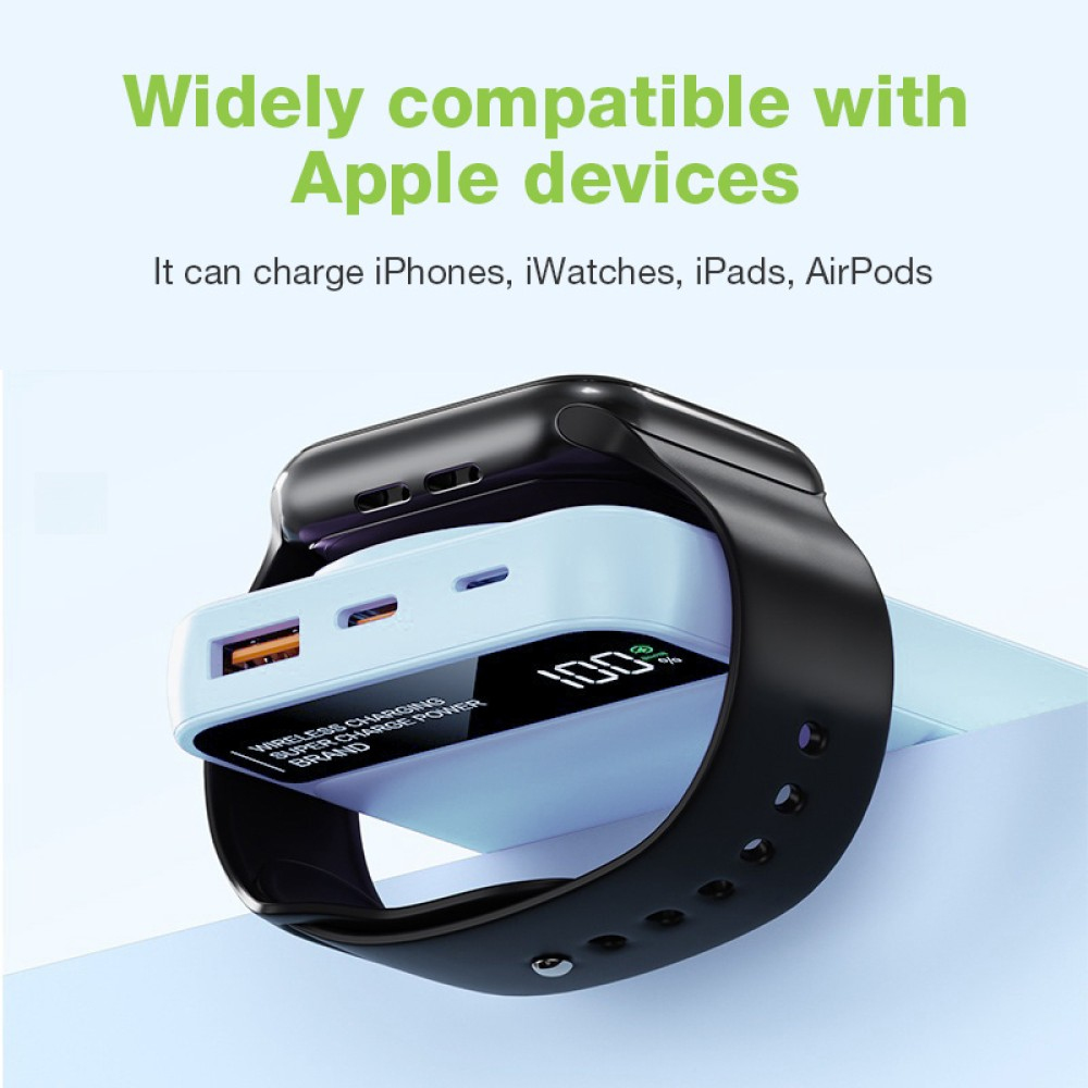 Uno smartwatch nero poggia su un power bank bianco. Testo: 'Ampiamente compatibile con i dispositivi Apple'.