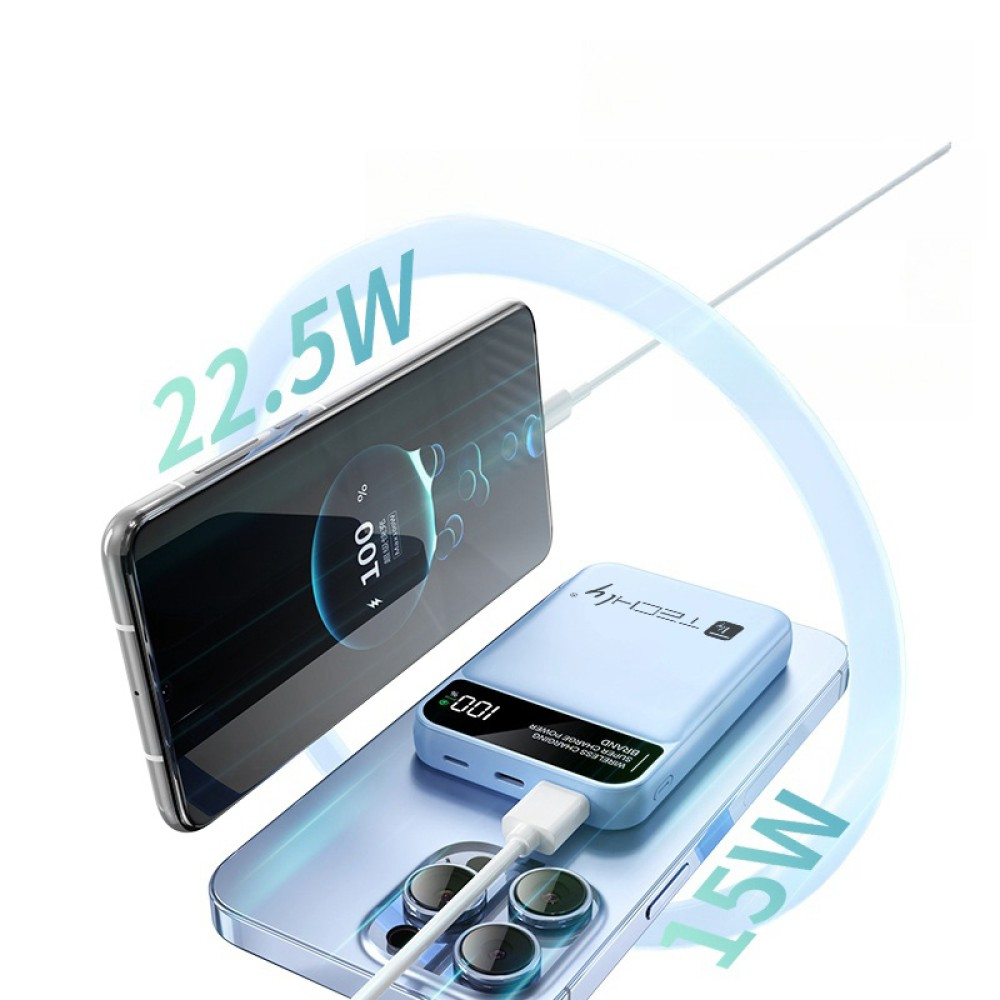 Un telefono si carica in modalità wireless da un power bank. Il telefono mostra il 100%. Un secondo telefono mostra 22,5 W. Un terzo telefono mostra 15 W.