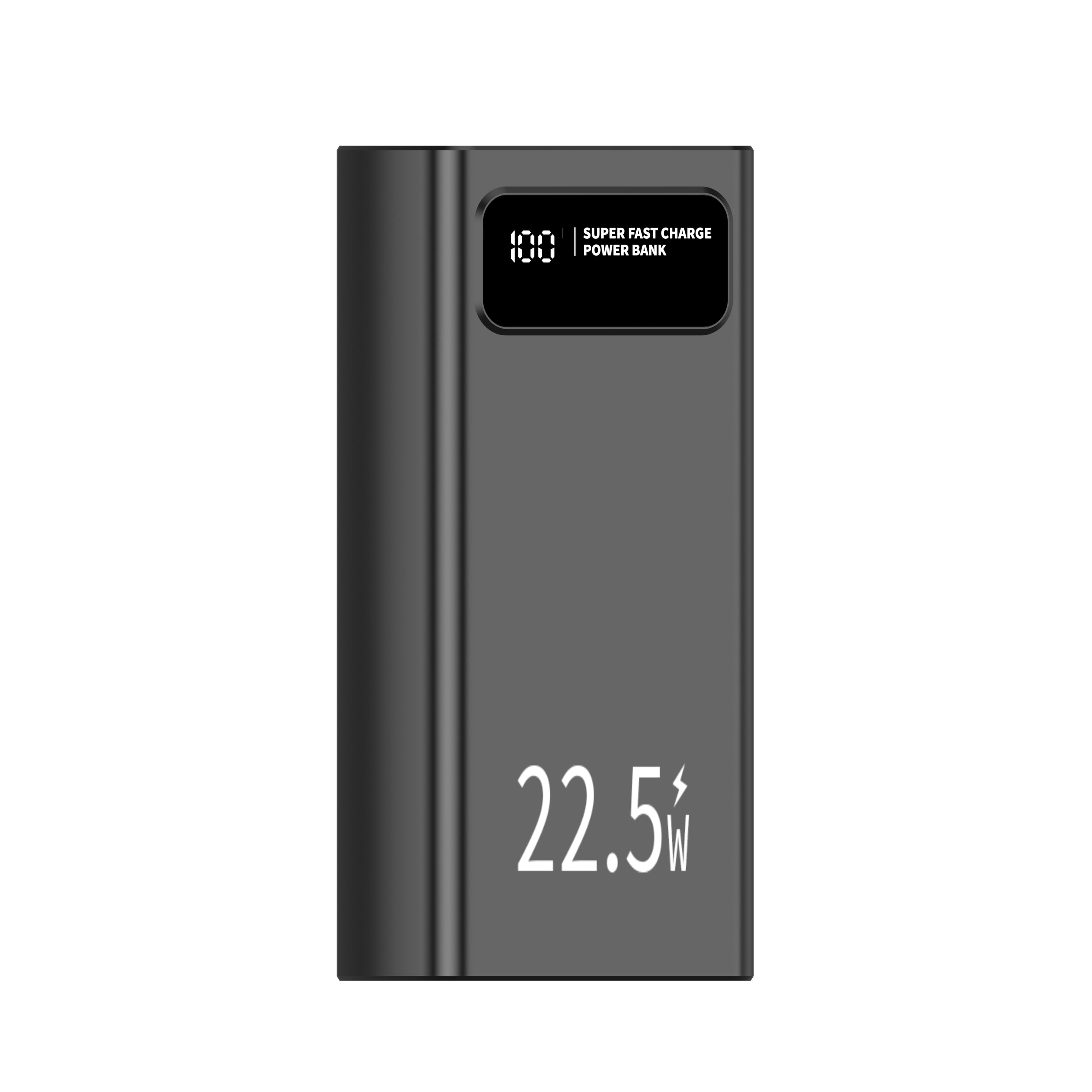 Un power bank grigio con schermo che mostra il 100% e del testo. Legge 'Super fast charge power bank' e 22,5W.