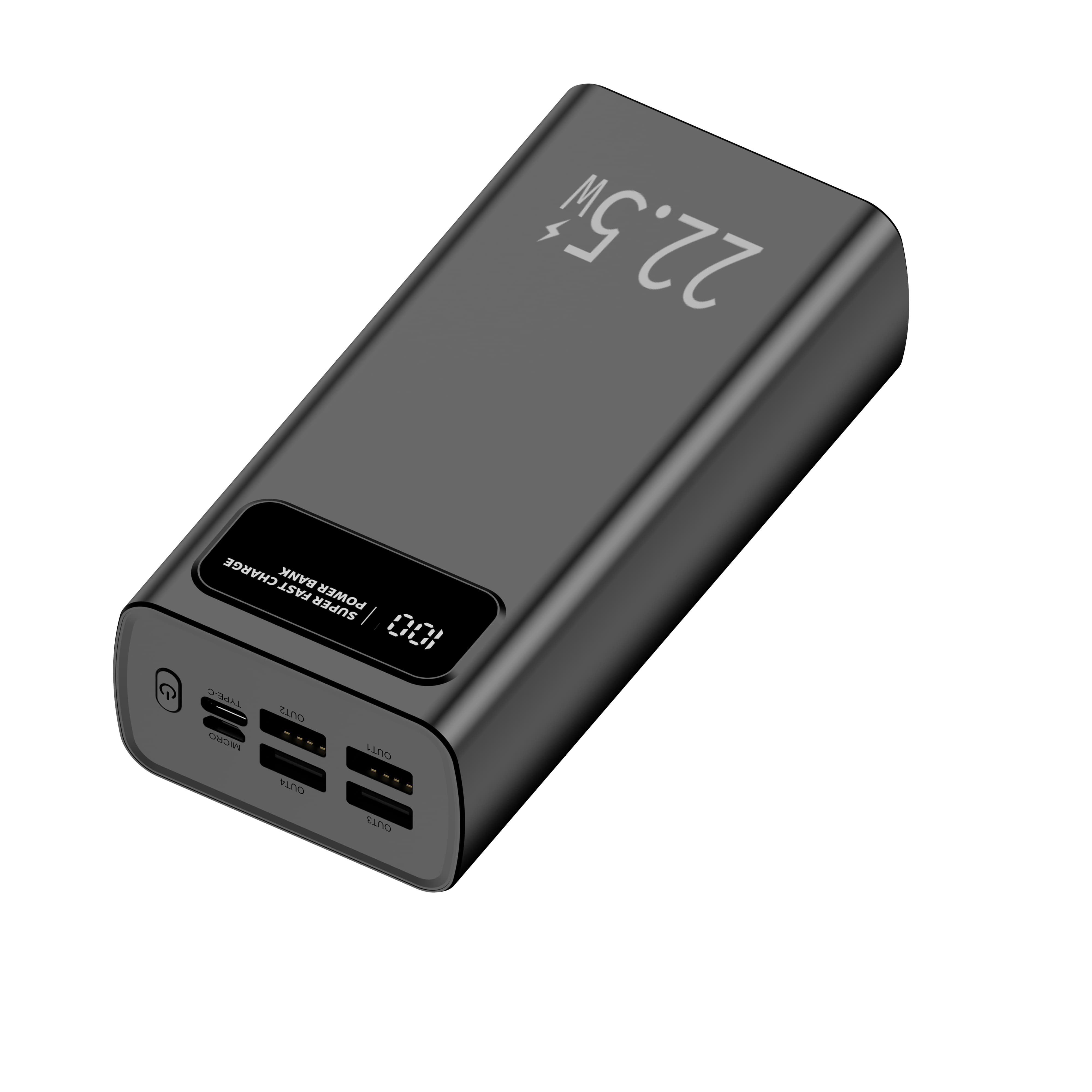 Un power bank grigio scuro con uscita da 22,5 W e carica al 100%. Ha più porte.