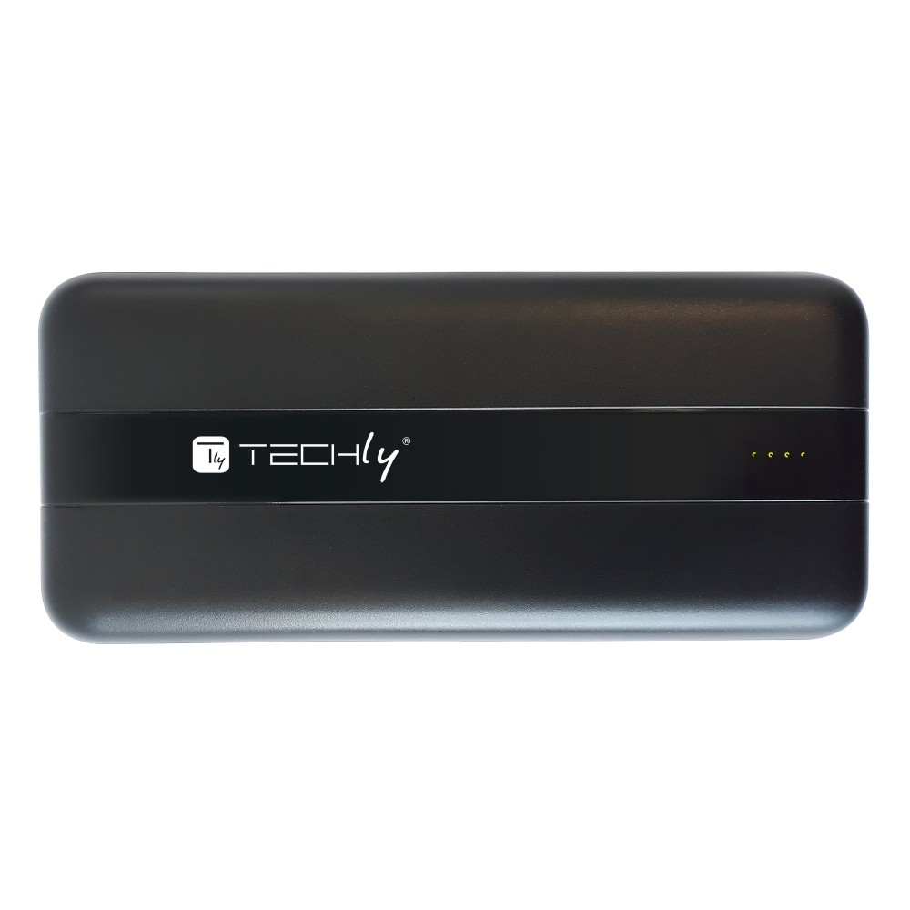 Un dispositivo rettangolare nero con angoli arrotondati. Il logo TECHly è su una fascia scura. Tre piccole luci sono visibili.
