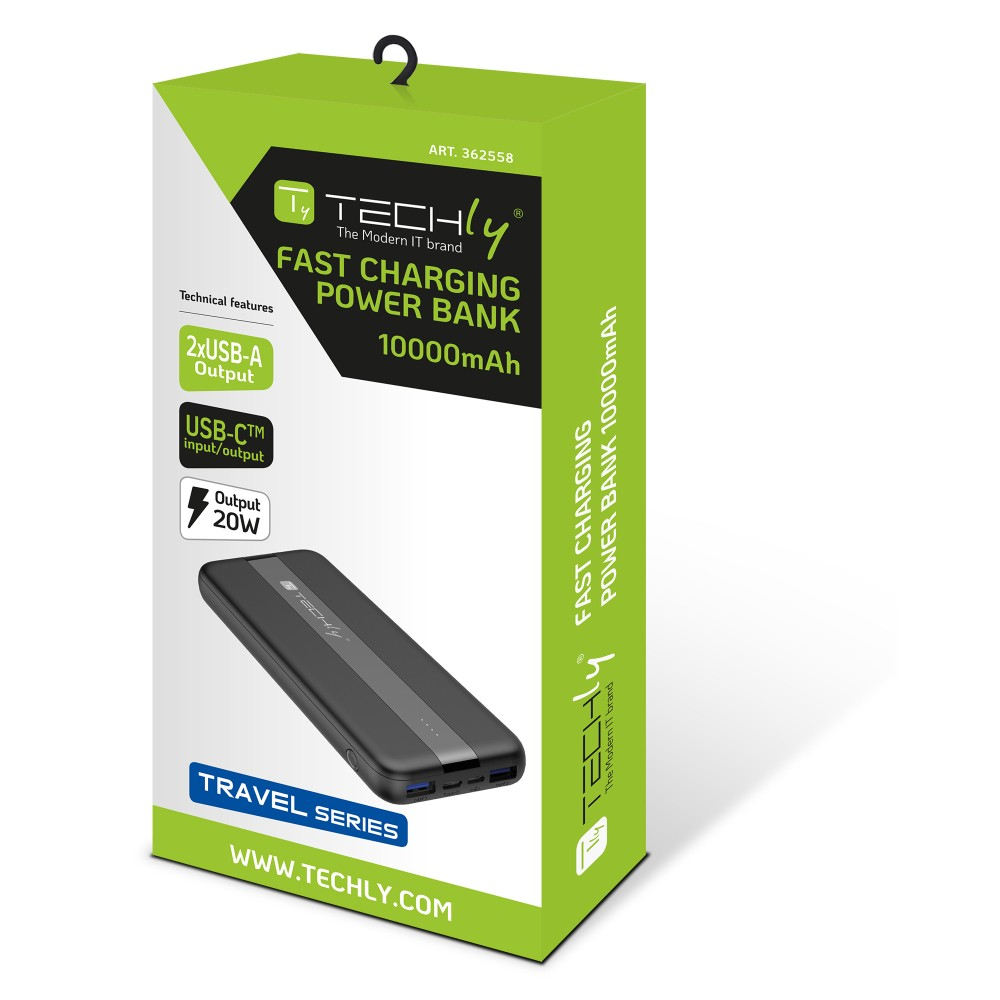 Una scatola per power bank Techly. È verde e bianca, con il nome del prodotto e le caratteristiche tecniche.