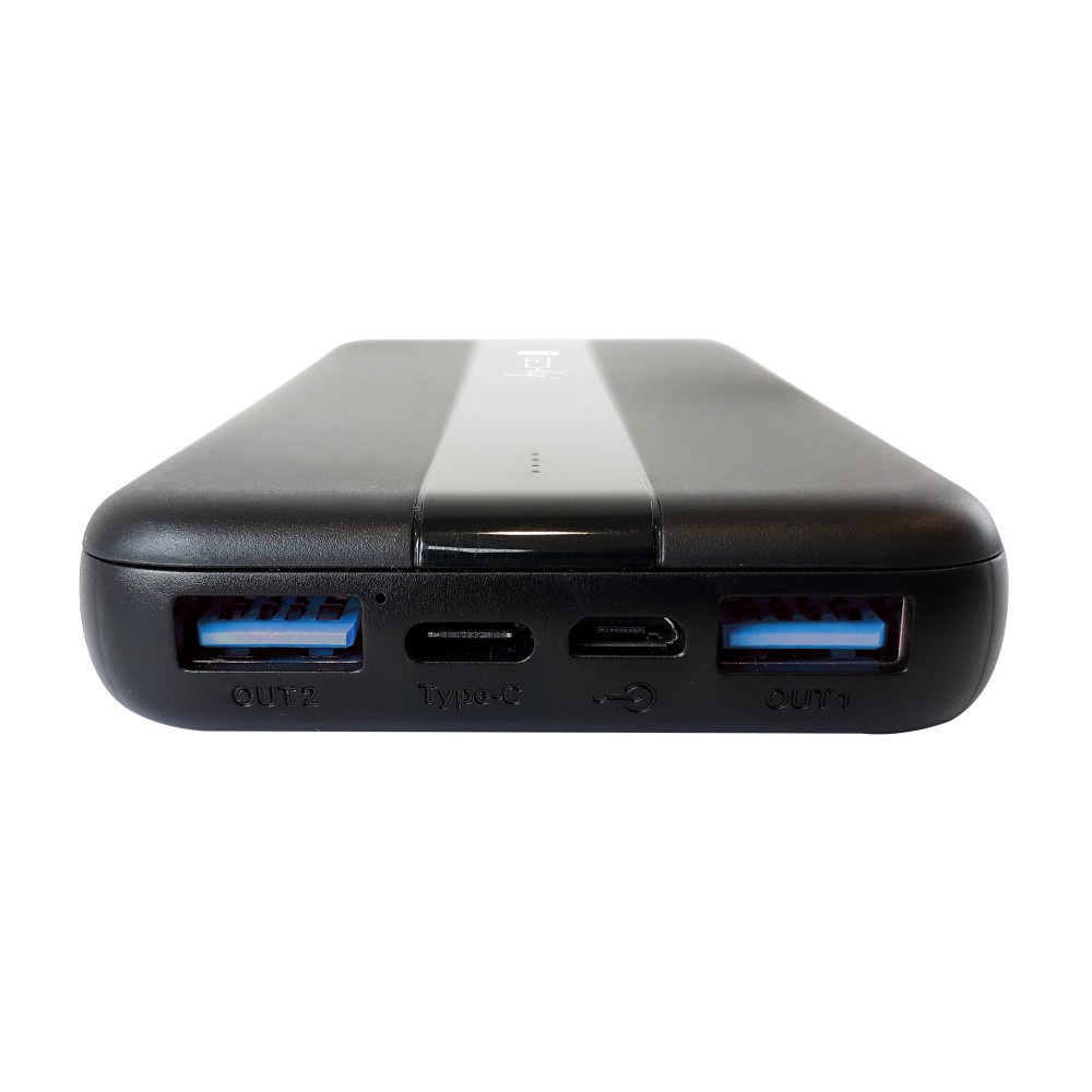Un power bank nero con una striscia argentata. Ha porte USB e Type-C. Etichettato con 'OUT1', 'OUT2' e 'Type-C'.