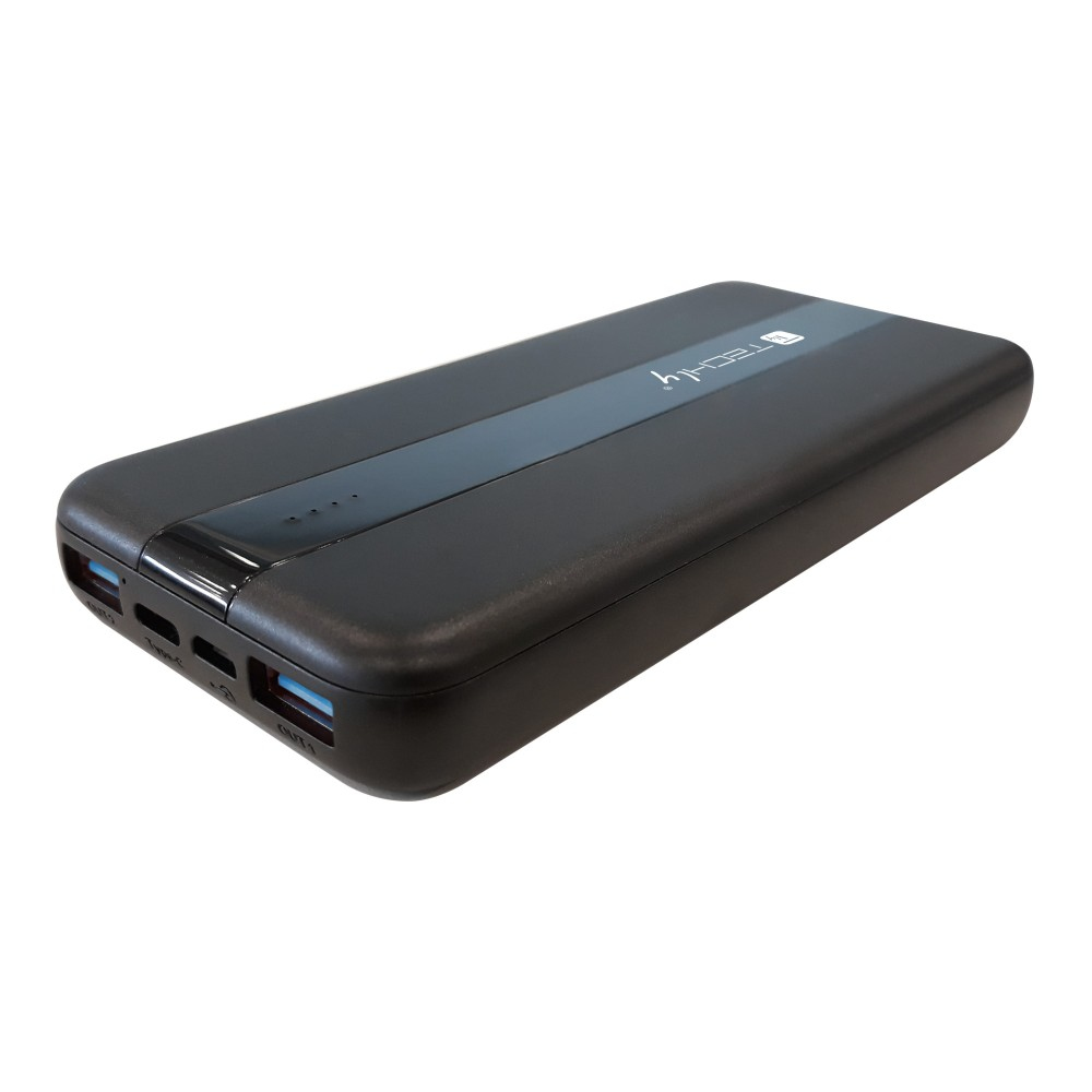 Un power bank nero con una striscia grigia e il logo Tech4ly. Le porte USB sono visibili sul lato.