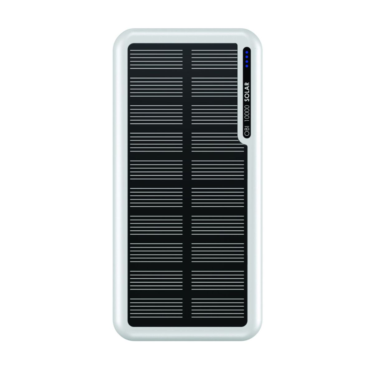 Un power bank solare bianco e nero. La parte anteriore ha linee nere. Il lato dice OBI 10000 SOLAR e ha luci blu.