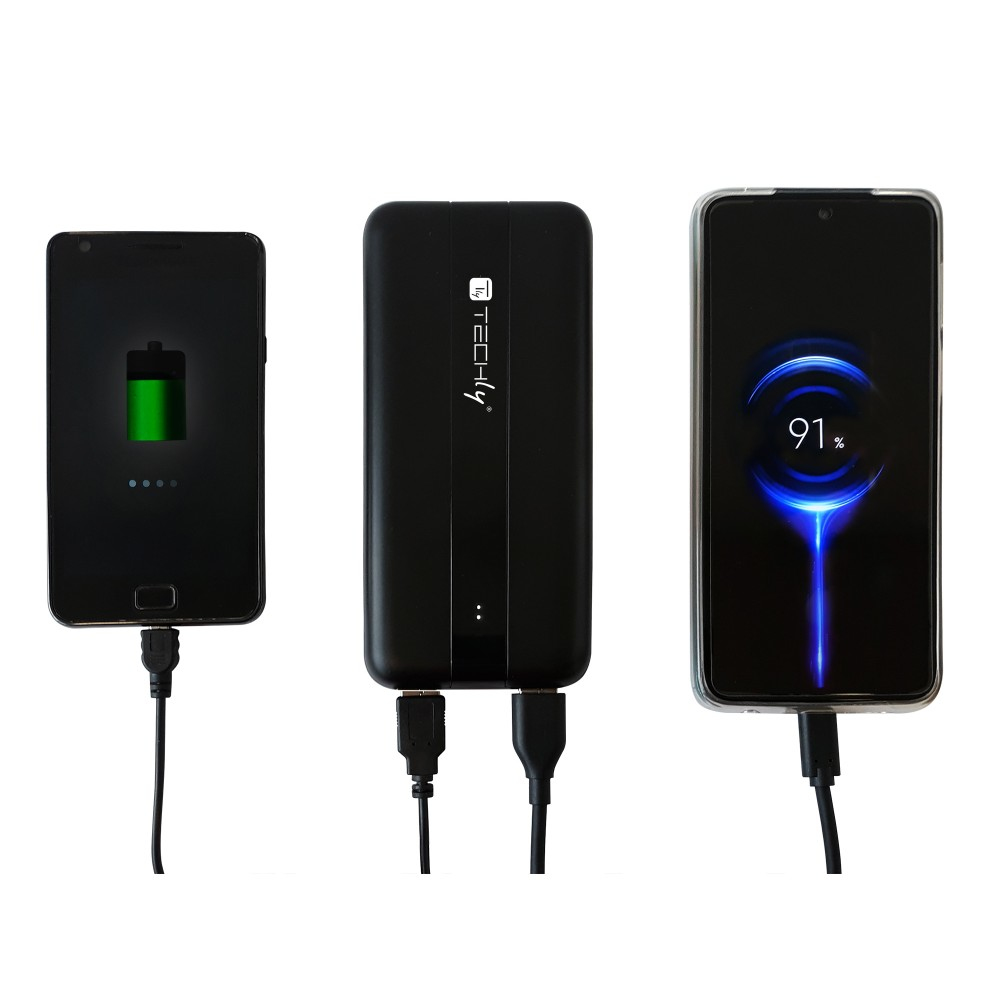 Tre dispositivi neri: due telefoni in carica da un power bank. Un telefono mostra il 91% di carica, l'altro un'icona di batteria.