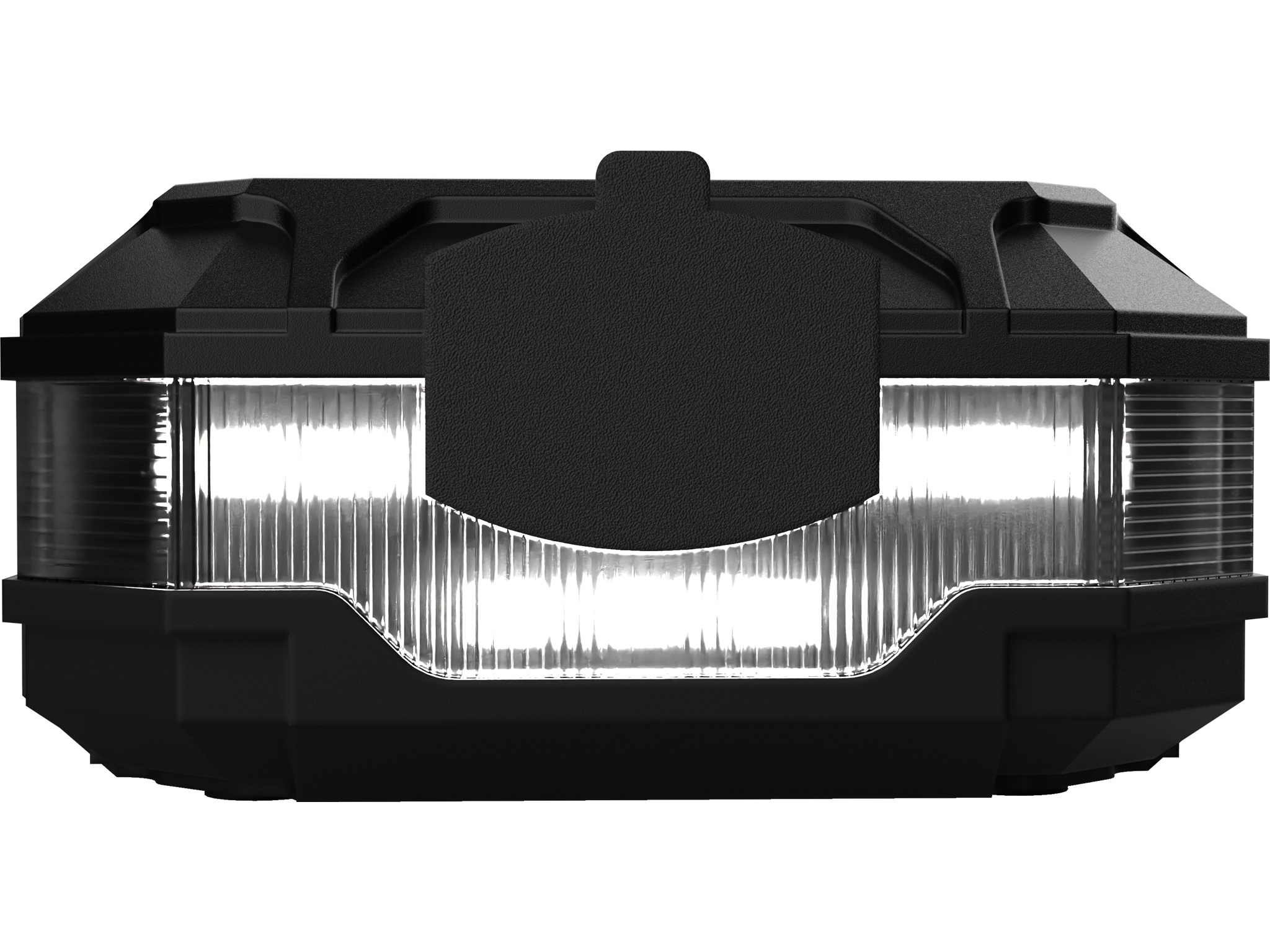 Un primo piano di un dispositivo nero di forma rettangolare. Ha due luci chiare e luminose e una superficie strutturata.
