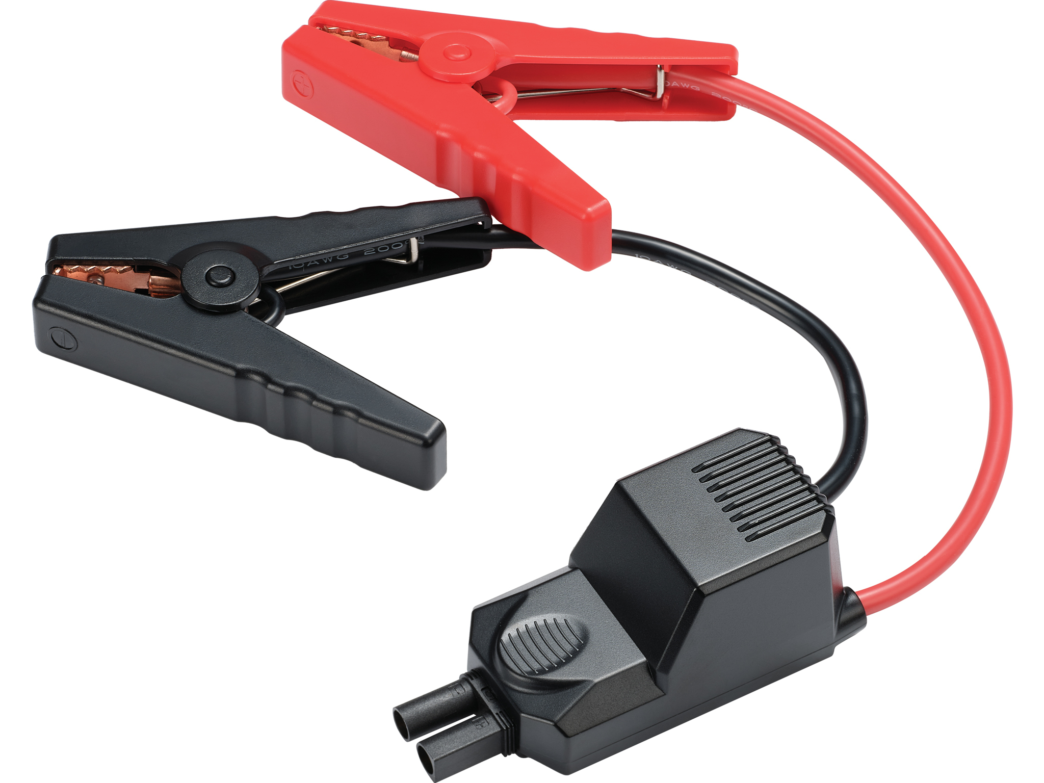 Cavi di avviamento rossi e neri. Morsetto rosso in alto, morsetto nero a sinistra, collegati a una scatola nera. Sfondo bianco.