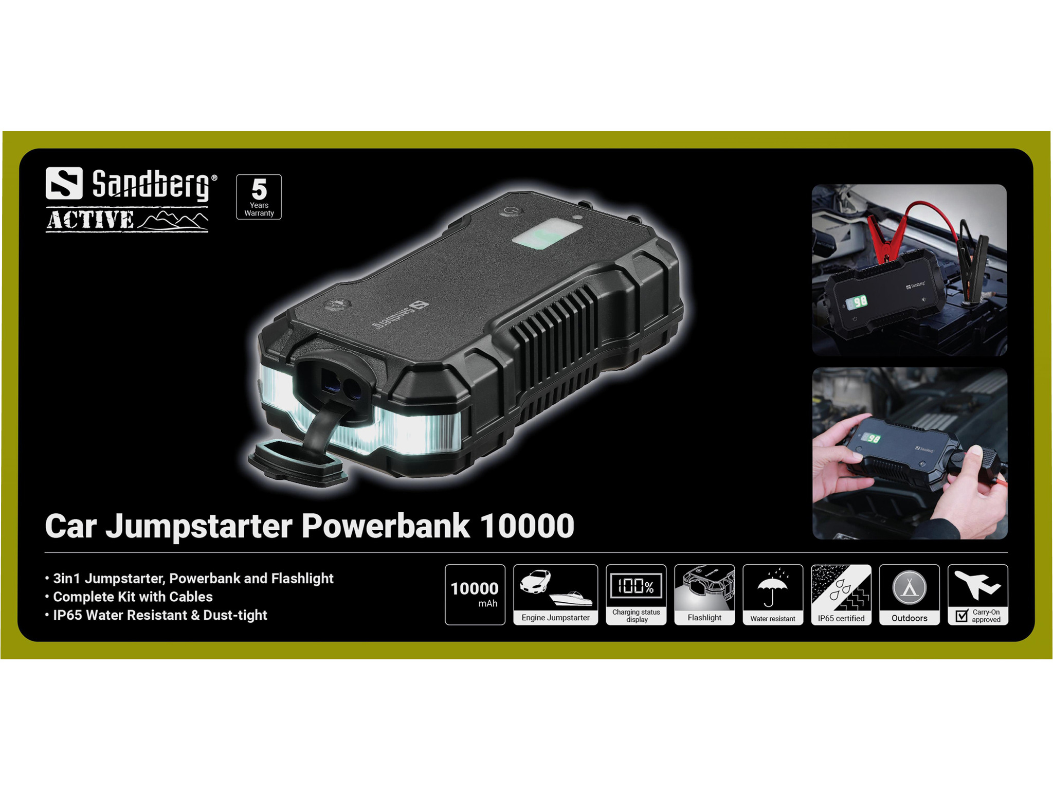 Un Sandberg Car Jumpstarter Powerbank 10000. È un dispositivo 3-in-1 con torcia, impermeabile e resistente alla polvere.