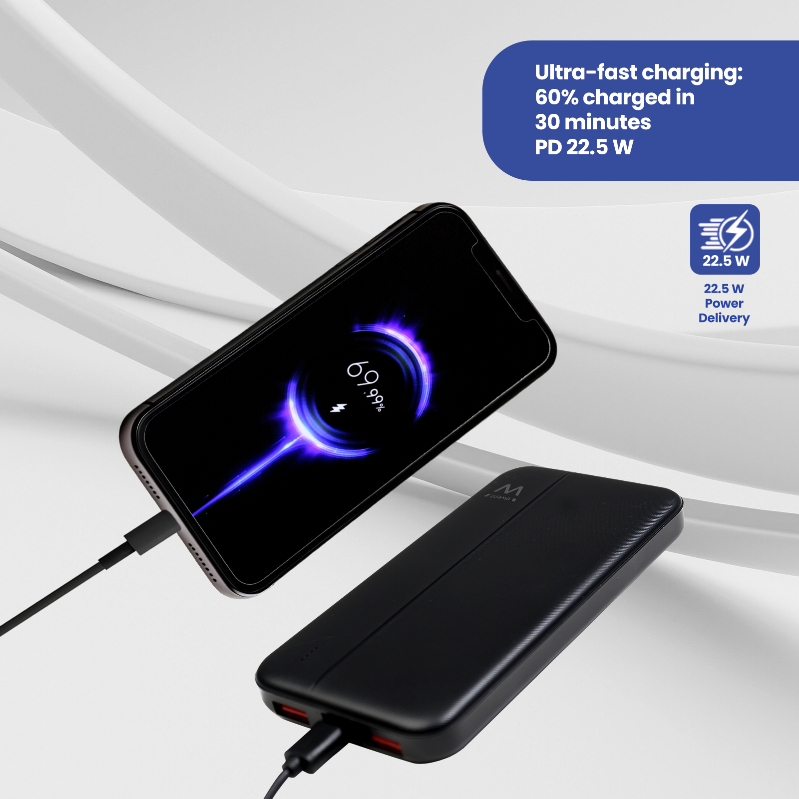 Teléfono cargando. Pantalla muestra 69,99%. Banco de energía negro al lado. Carga rápida: 60% en 30 minutos.