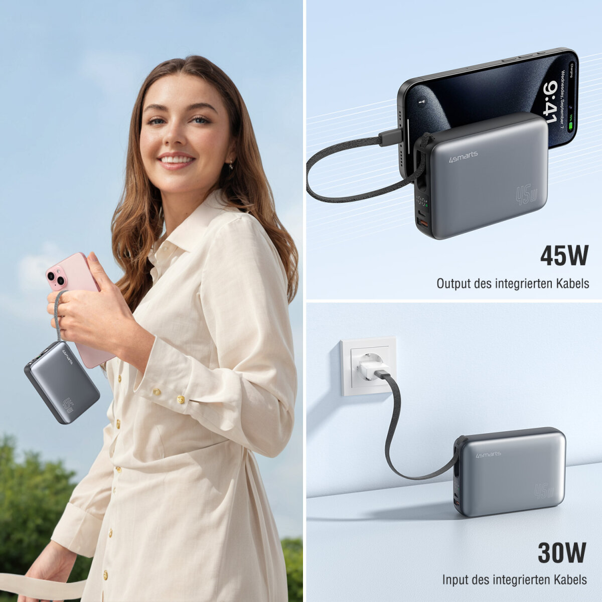 Femme tenant un téléphone rose et une batterie externe grise. Le téléphone se charge depuis la batterie. Le produit affiche une charge de 45W et 30W.