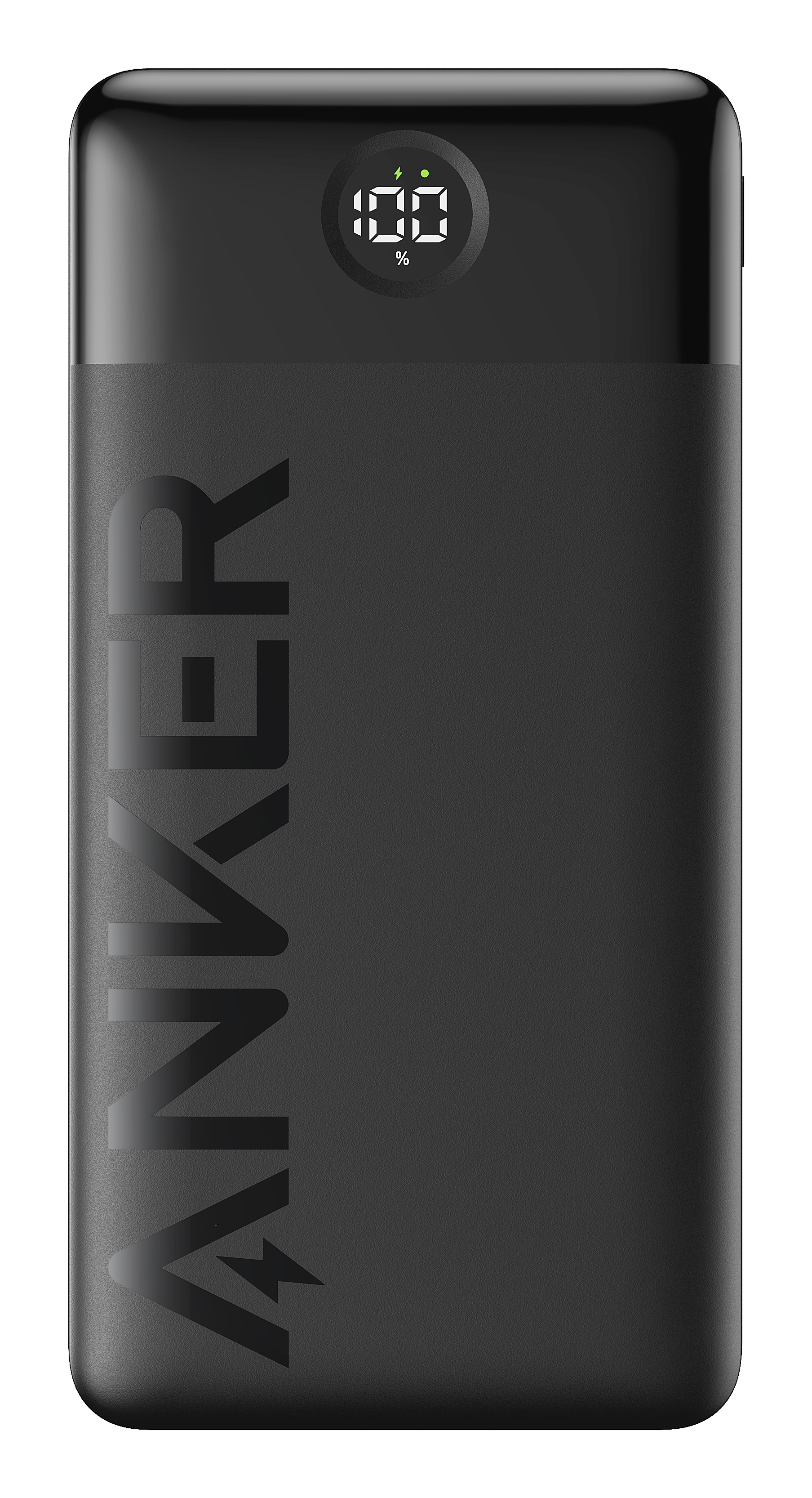 Power bank nero con logo ANKER. La parte superiore ha un display digitale che mostra il 100%.