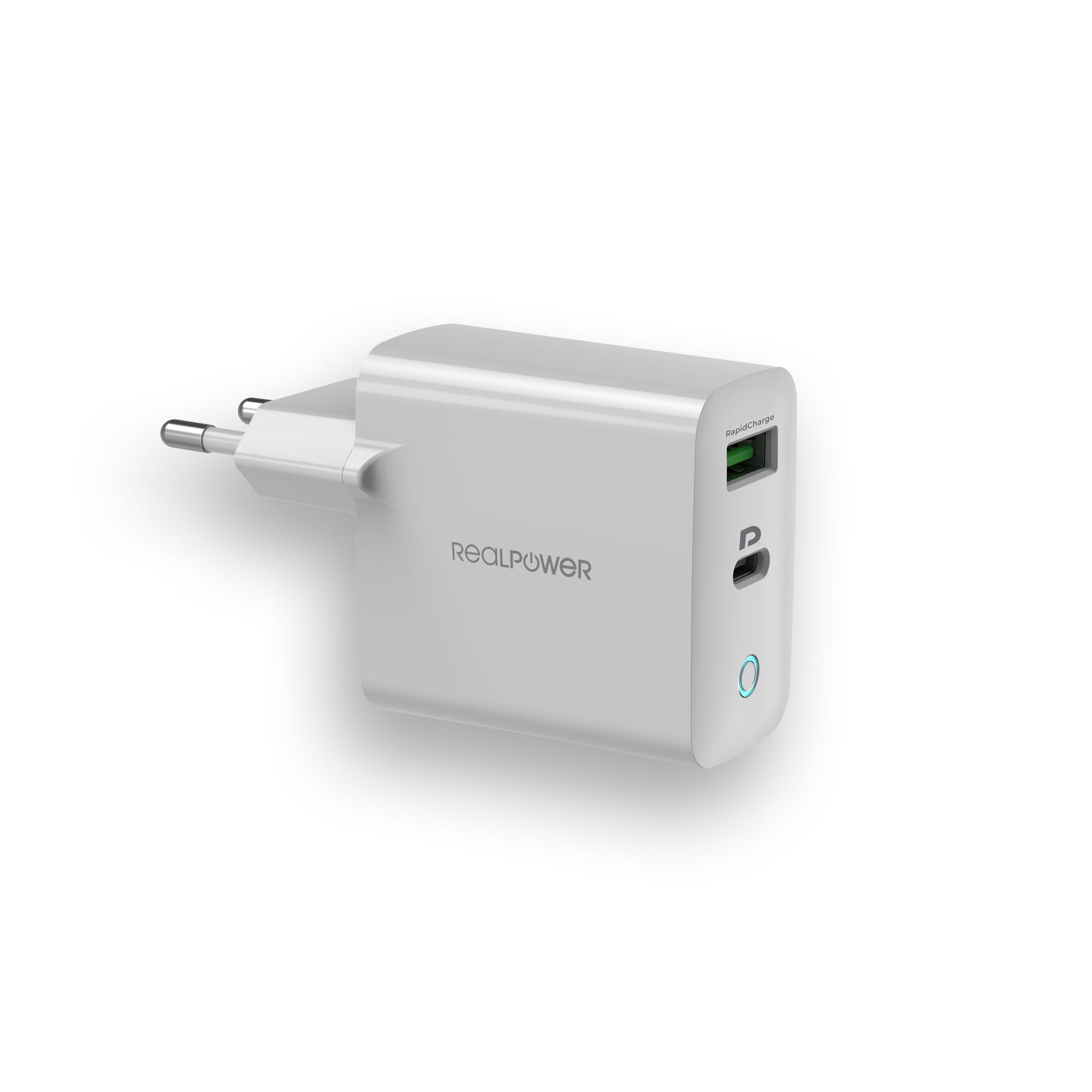 Un caricabatterie Realpower bianco con due spine. Ha una porta USB e un indicatore RapidCharge.