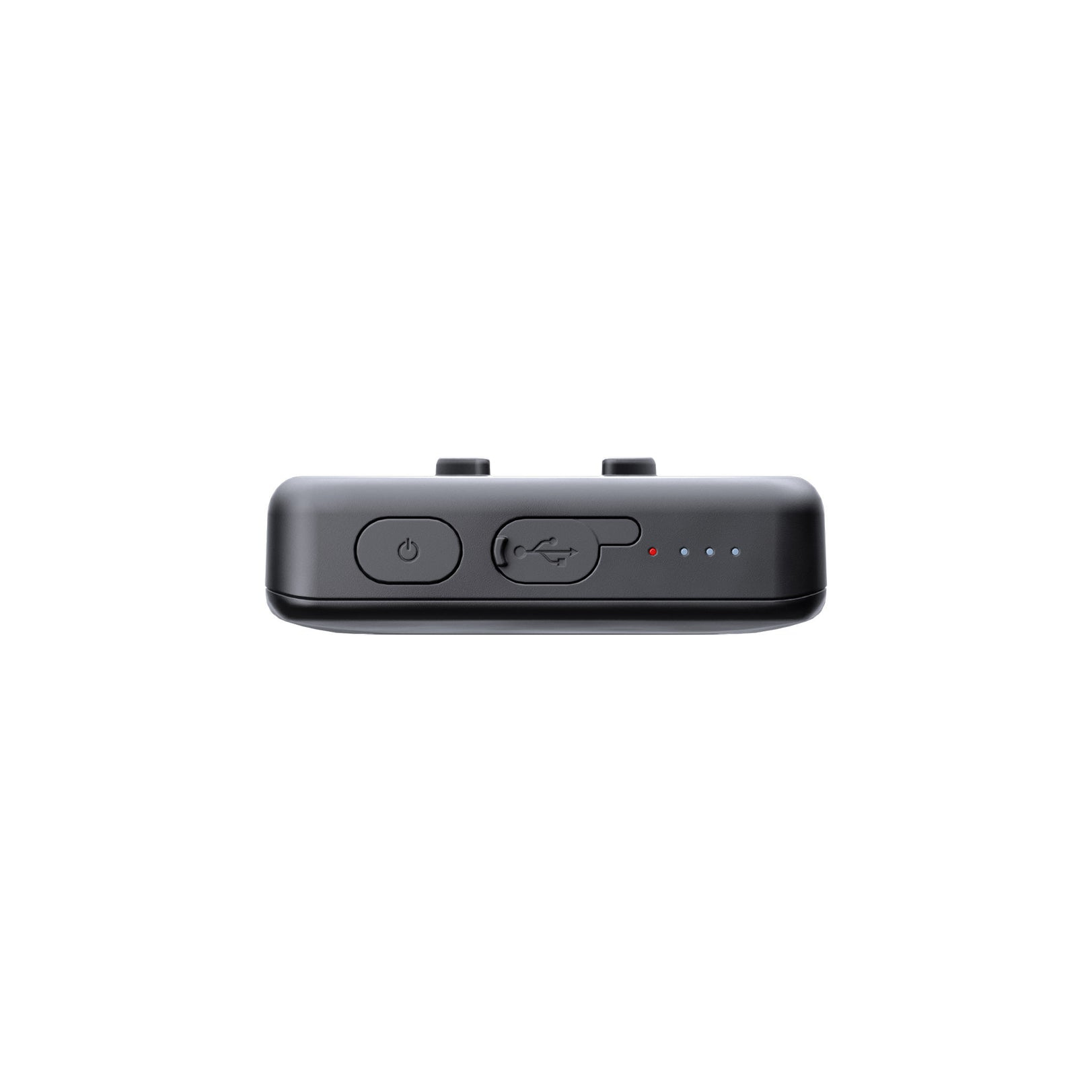 Un dispositivo grigio scuro con pulsanti e una porta USB è centrato. Ha un pulsante di accensione, un simbolo di porta e luci LED.