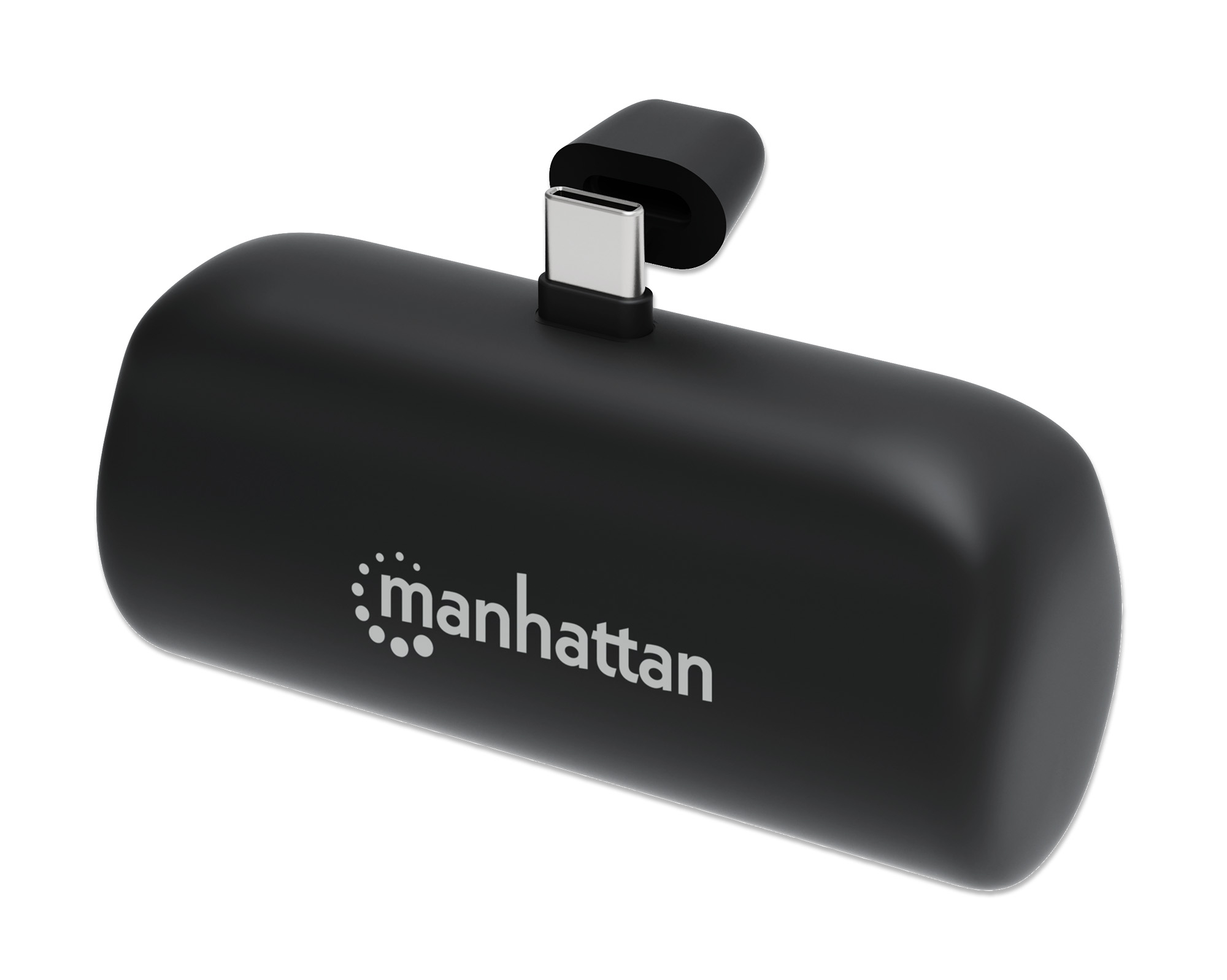 Un adattatore USB-C Manhattan nero. Ha un connettore USB-C e il nome del marchio. Lo sfondo è bianco.