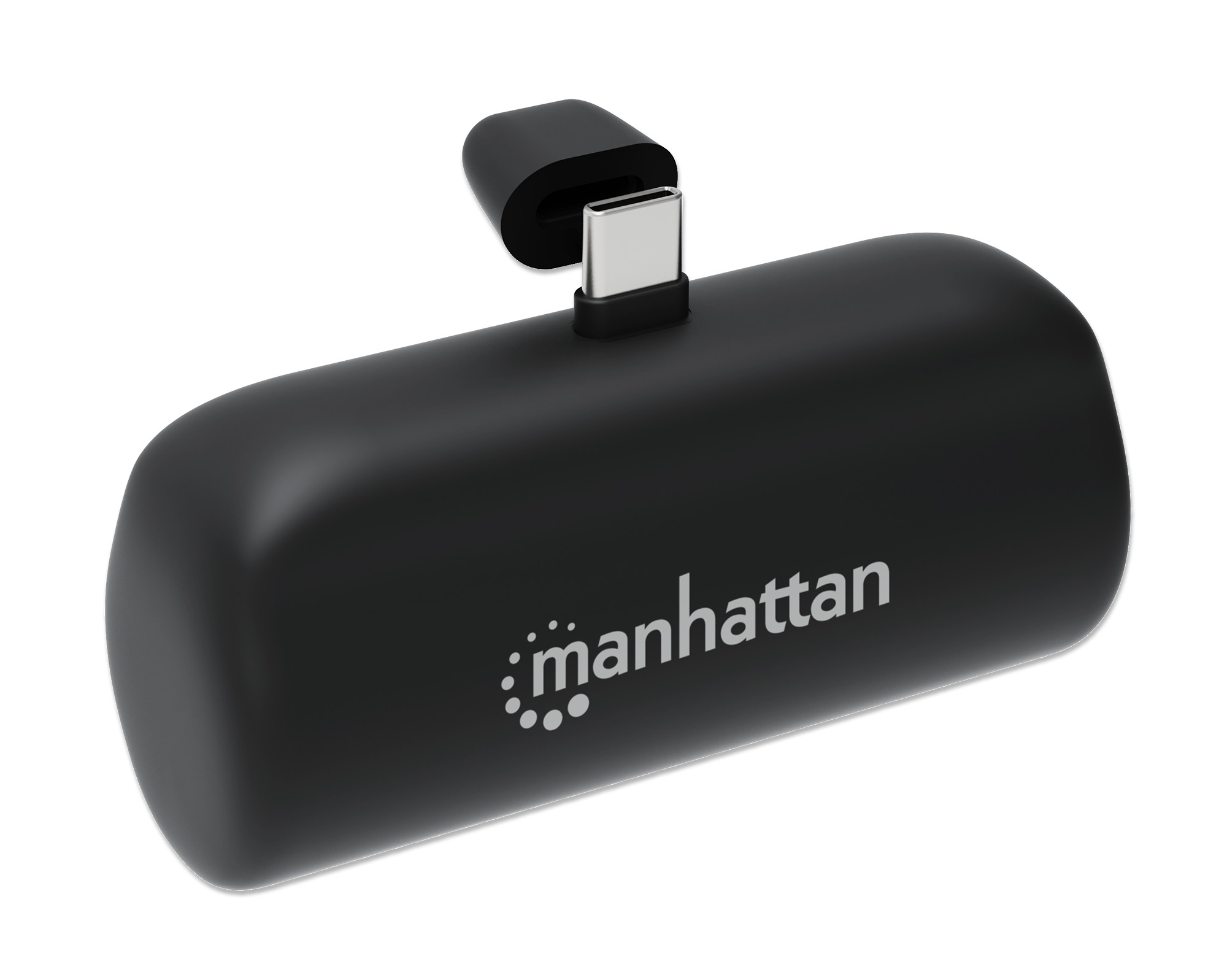 Un adattatore USB-C Manhattan nero. L'adattatore ha una porta USB-C e il marchio sul corpo.