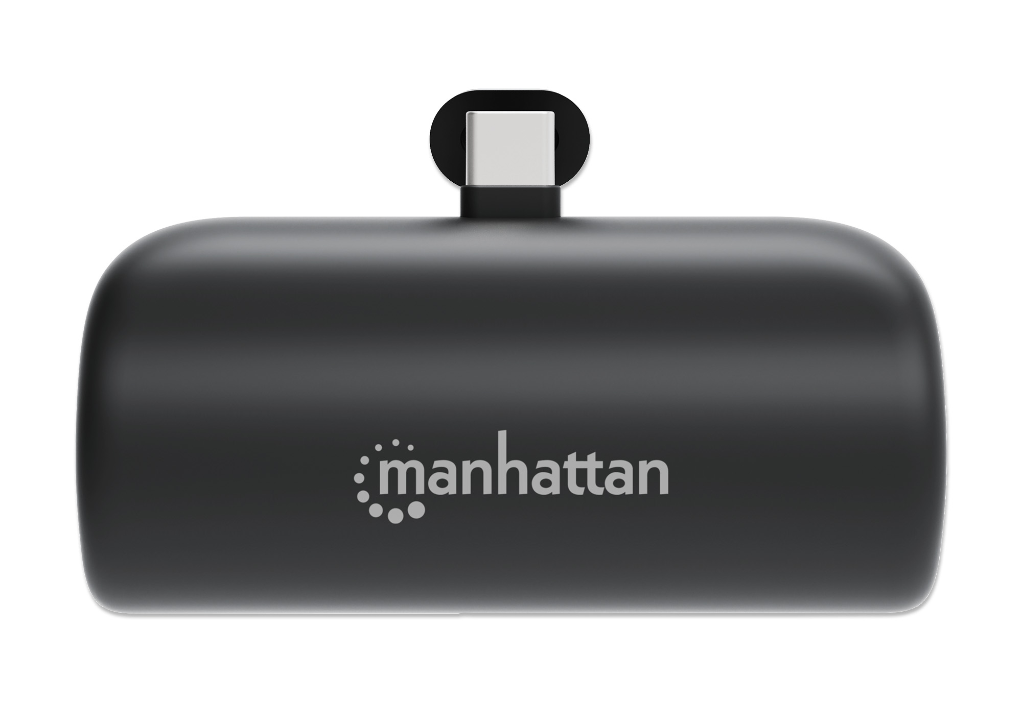 Un adattatore USB-C Manhattan nero. Ha un corpo rettangolare arrotondato con un connettore USB-C sulla parte superiore. Il marchio è visibile.