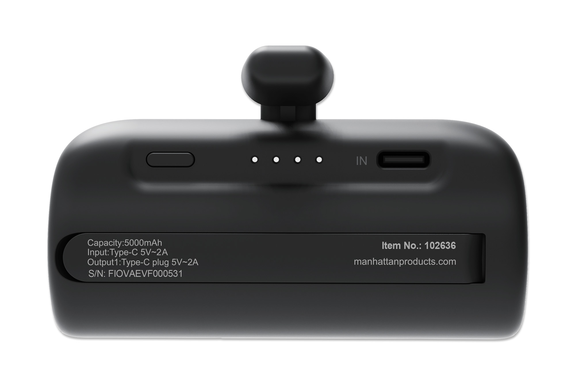 Power bank nera con pulsante superiore e spie luminose. Porta USB-C, capacità e informazioni del produttore.