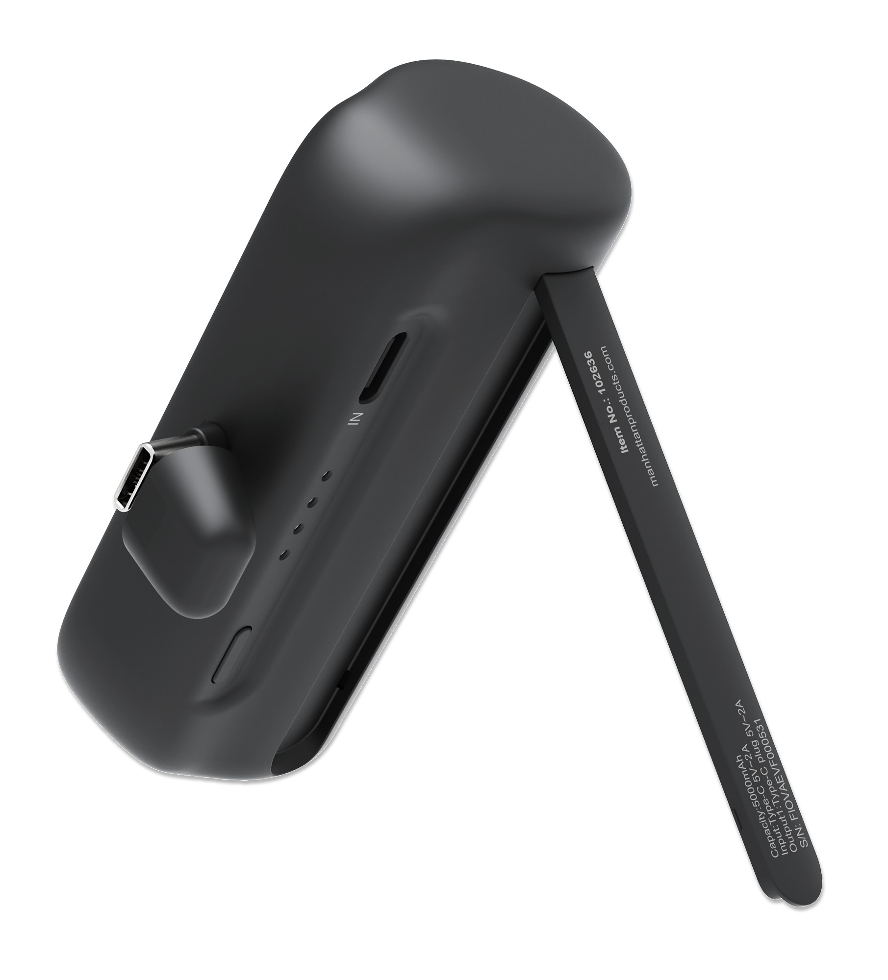 Dispositivo nero angolato con porta USB-C e supporto. Testo con numero articolo e specifiche.
