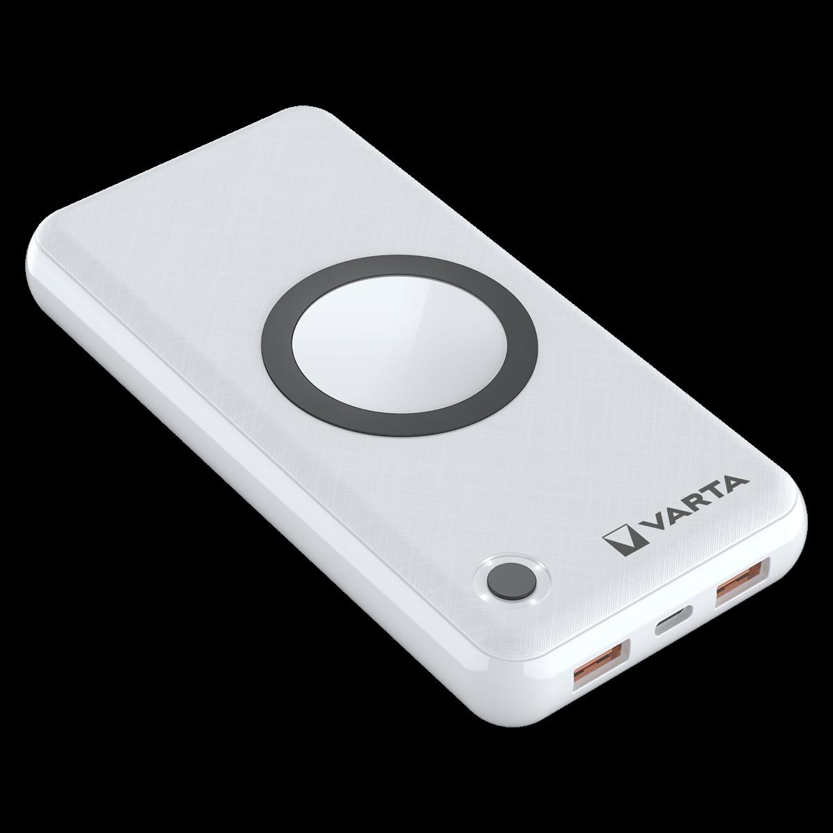 Weißes Varta Powerbank mit dunkelgrauem Ring, Knopf und zwei USB-Anschlüssen. Der Hintergrund ist schwarz.