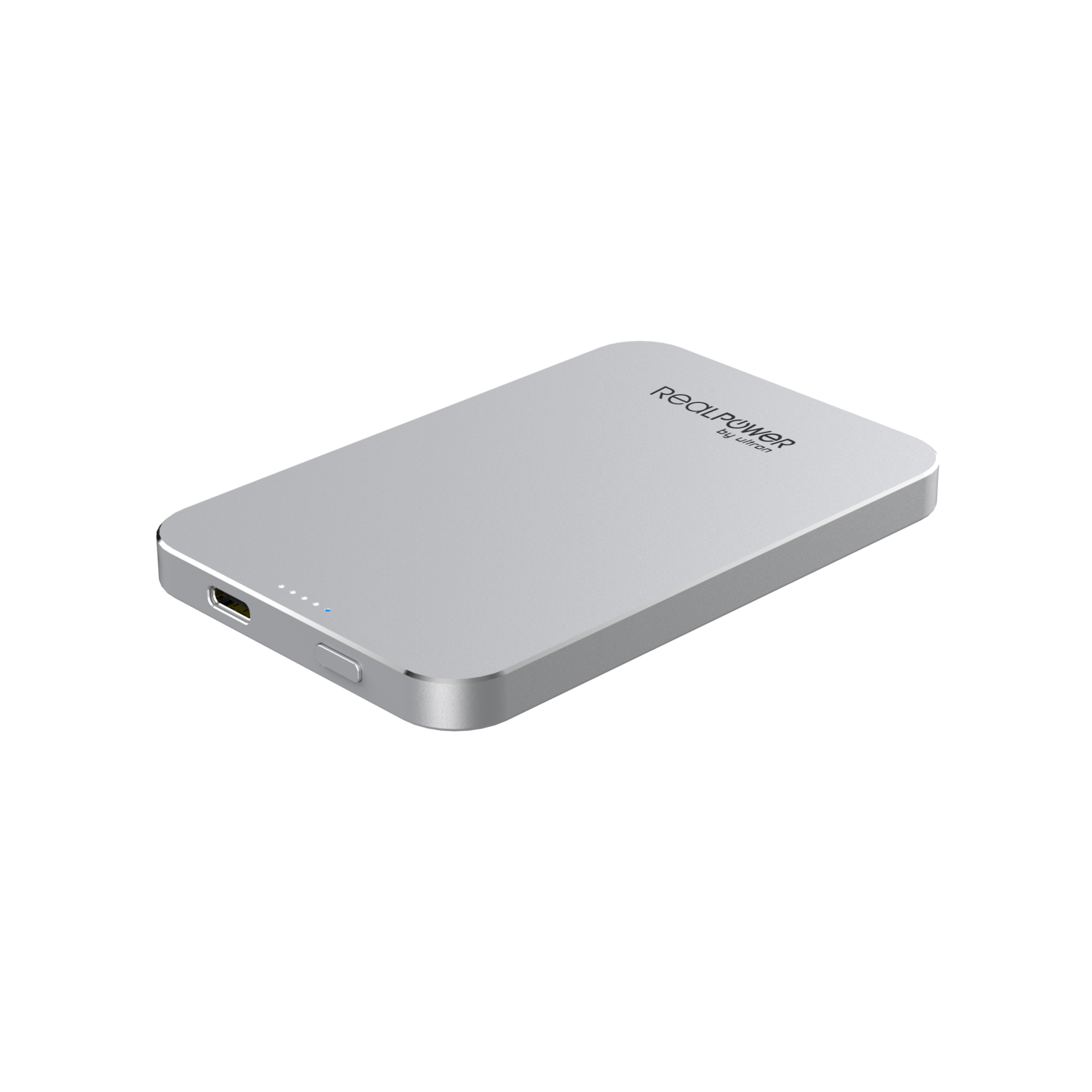 Un power bank RealPower argentato. Ha una porta USB e spie di ricarica. Il logo RealPower è visibile.