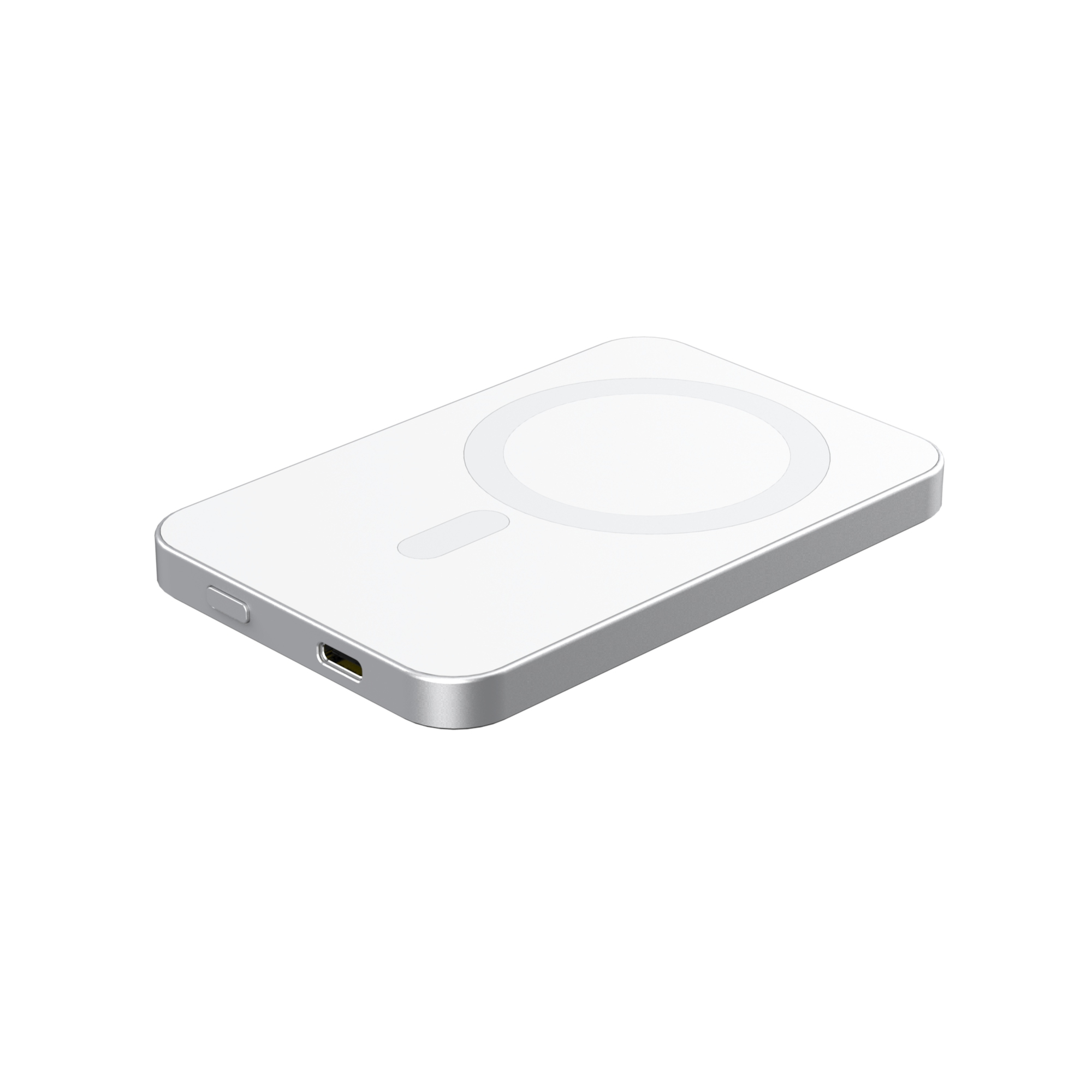 Un caricabatterie wireless rettangolare bianco e argento. Ha un'area di ricarica circolare e una porta USB-C.