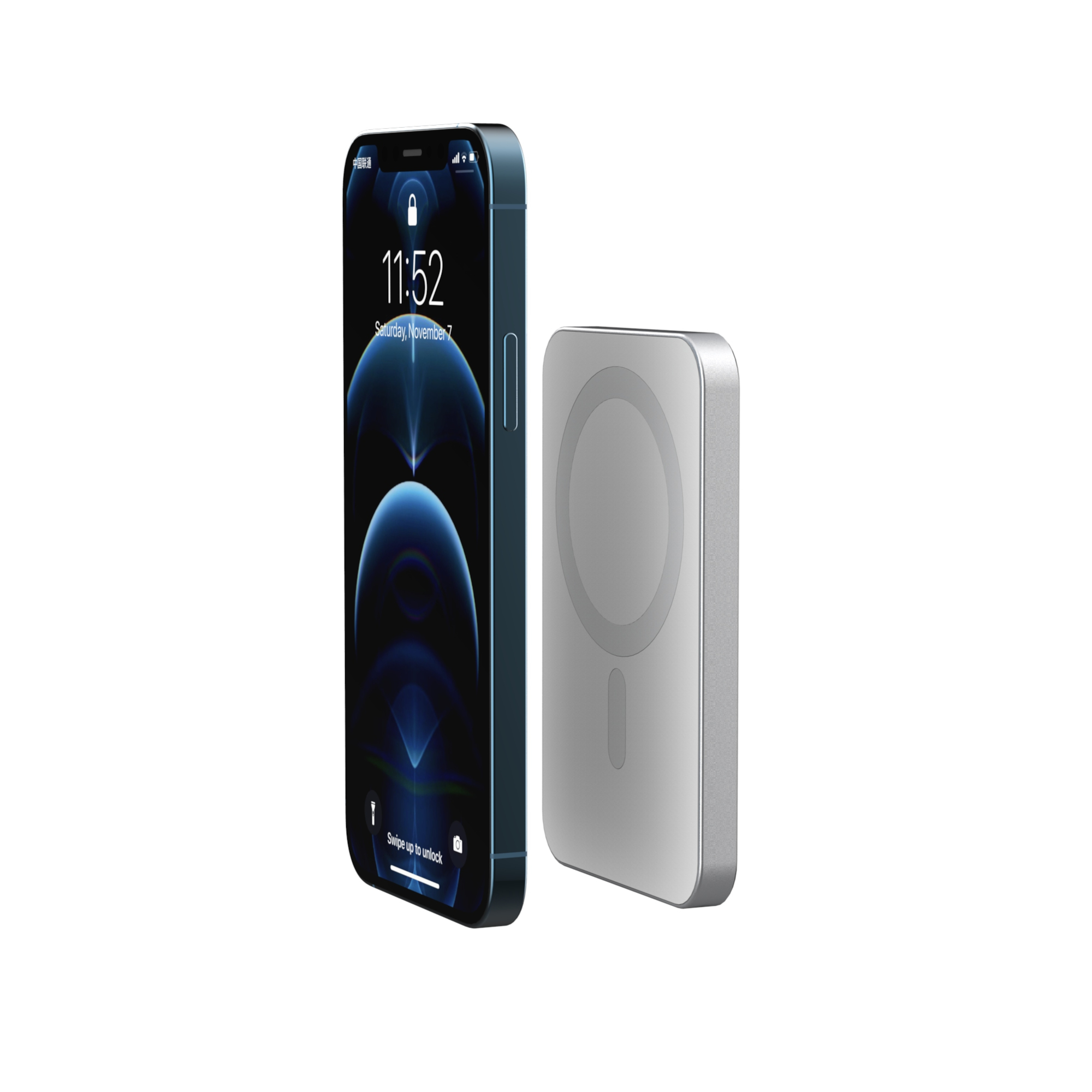 Un iPhone e un caricatore magnetico argento. Il telefono mostra la schermata di blocco con l'ora e la data.