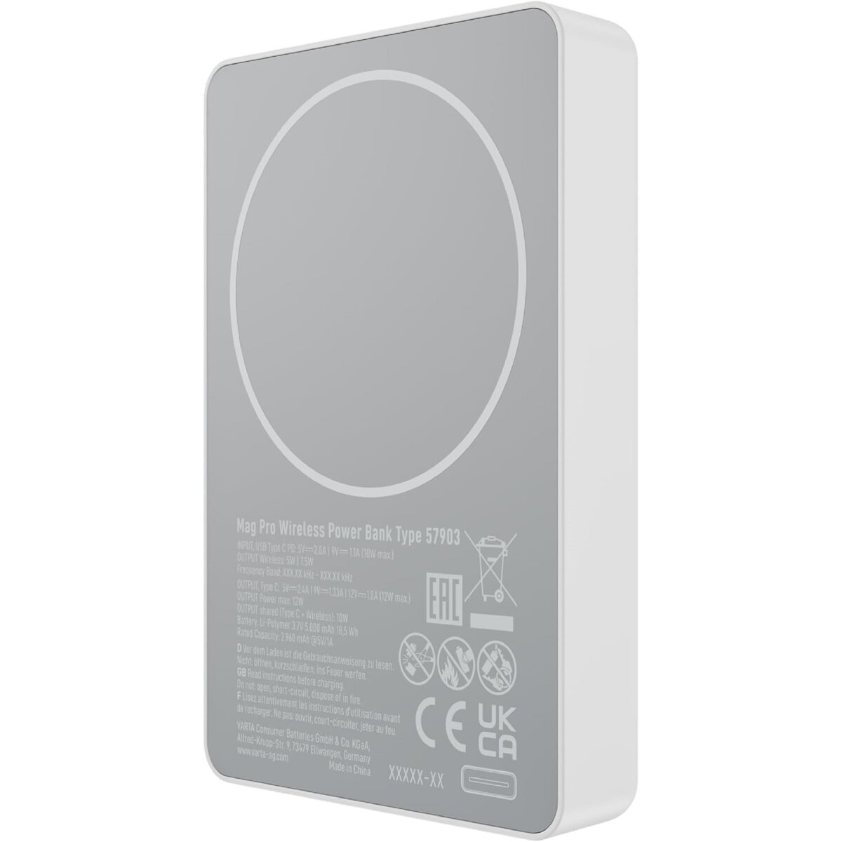 Un power bank bianco con la parte superiore grigia. Dettagli includono testo, loghi e un'area di ricarica.