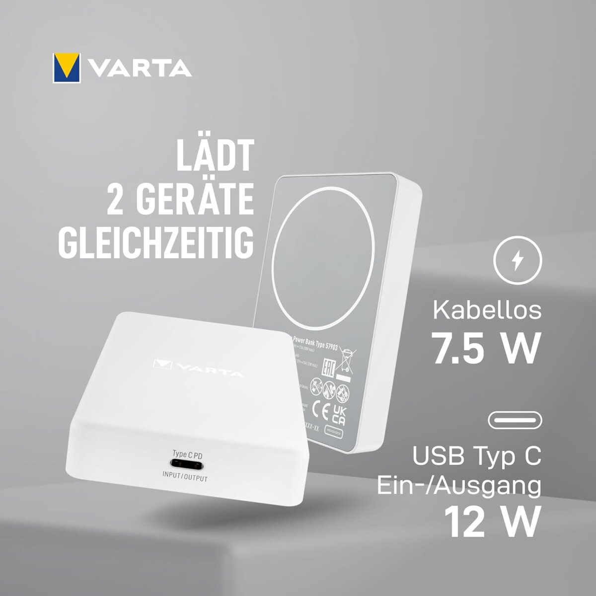 Un power bank Varta bianco con superficie di ricarica wireless. Il testo indica la ricarica di 2 dispositivi, wireless 7,5W, USB-C 12W.