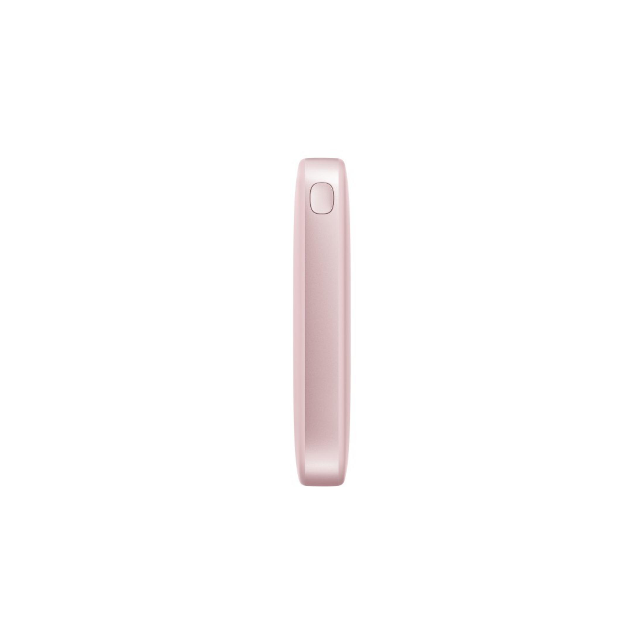 Un dispositivo rettangolare color oro rosa è verticale su sfondo bianco. Ha una parte superiore arrotondata con un piccolo dettaglio.