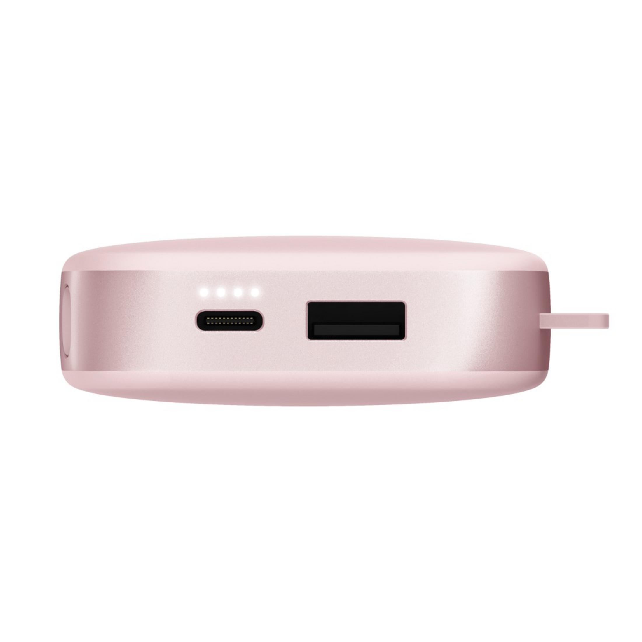 Un power bank rosa dorato con porta USB, porta USB-C, quattro spie e un piccolo cinturino.