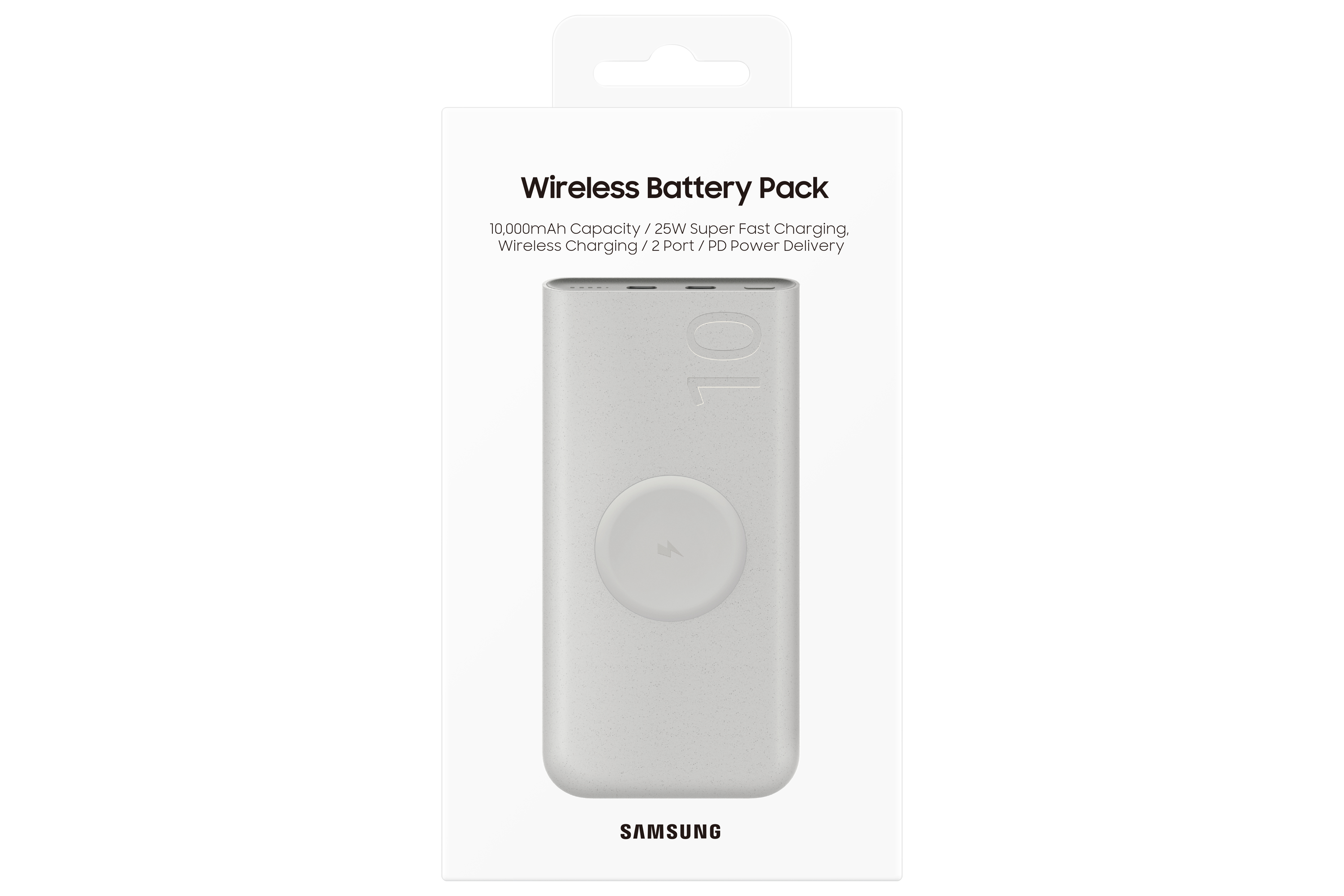 Un Wireless Battery Pack bianco, con il numero 10 e il logo Samsung.