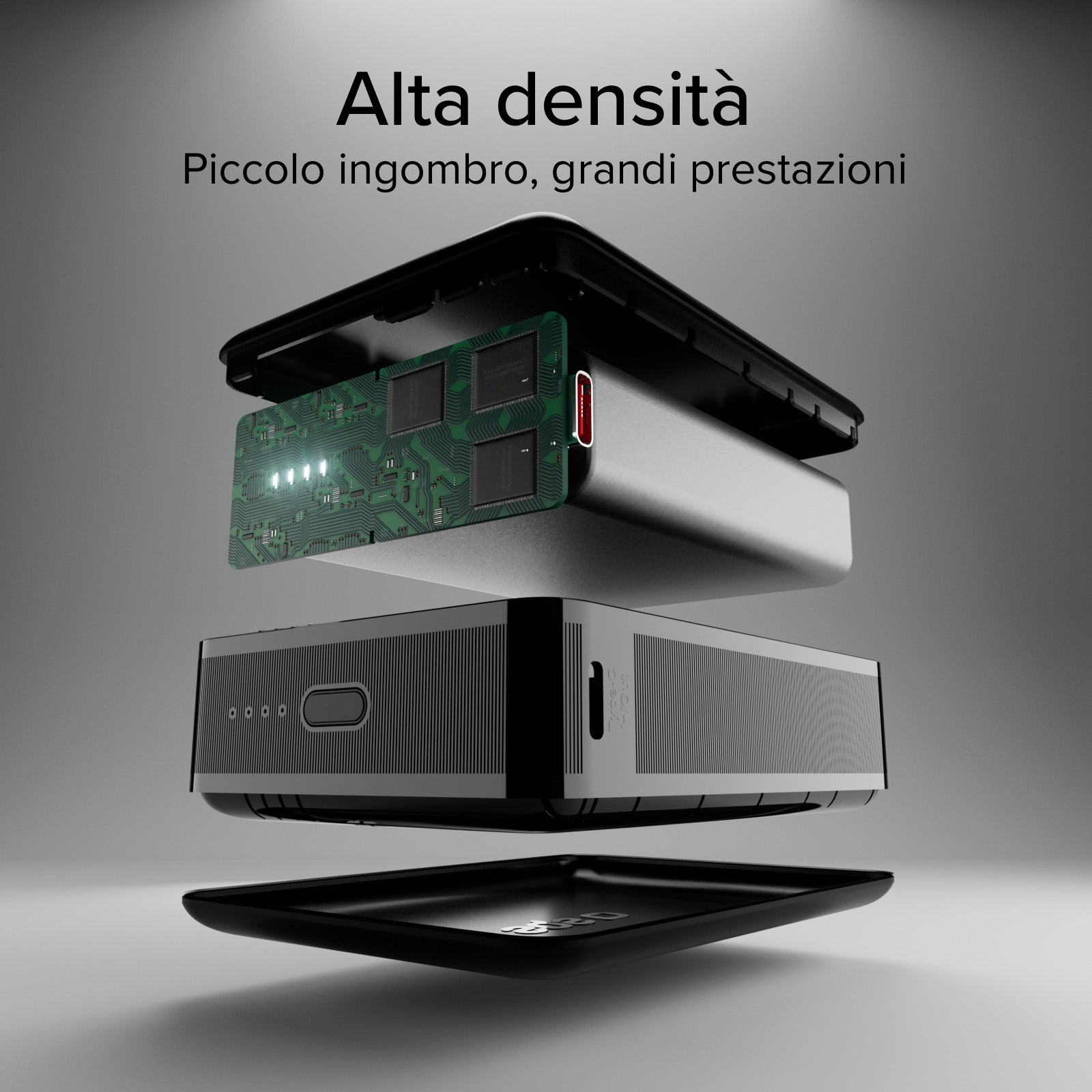 Widok wybuchu urządzenia. Zielona płytka drukowana, srebrny korpus, czarna obudowa. Włoski tekst powyżej.