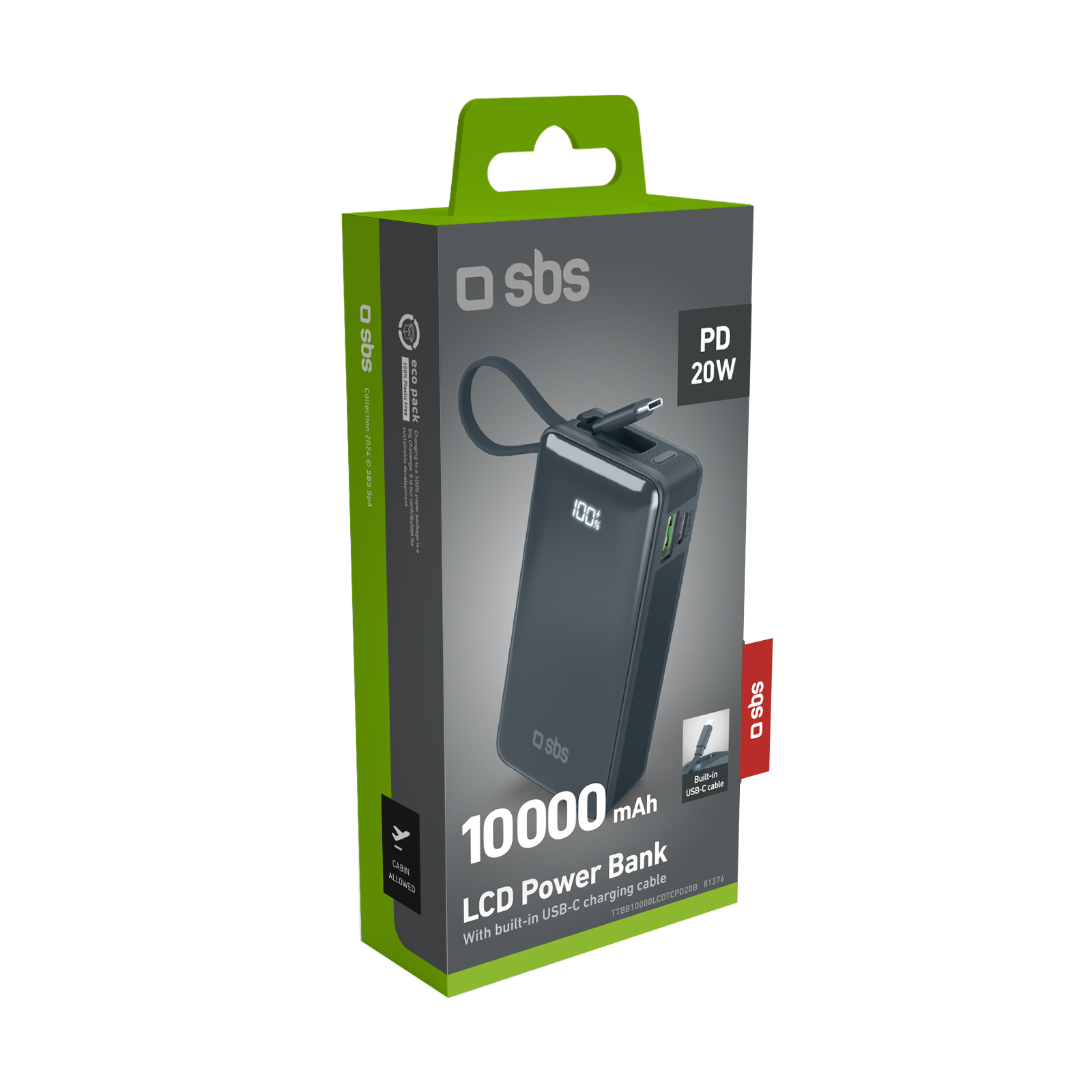 Una scatola per power bank. È nera con un display digitale che mostra il 100%. La scatola è verde e grigia con il marchio.