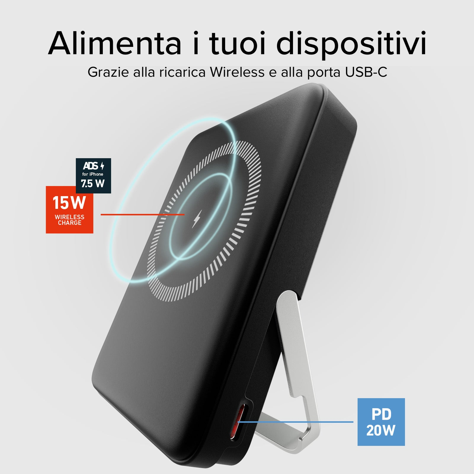 Un caricabatterie wireless nero con luce blu e testo. Ha un supporto, una porta USB rossa e specifiche di ricarica.