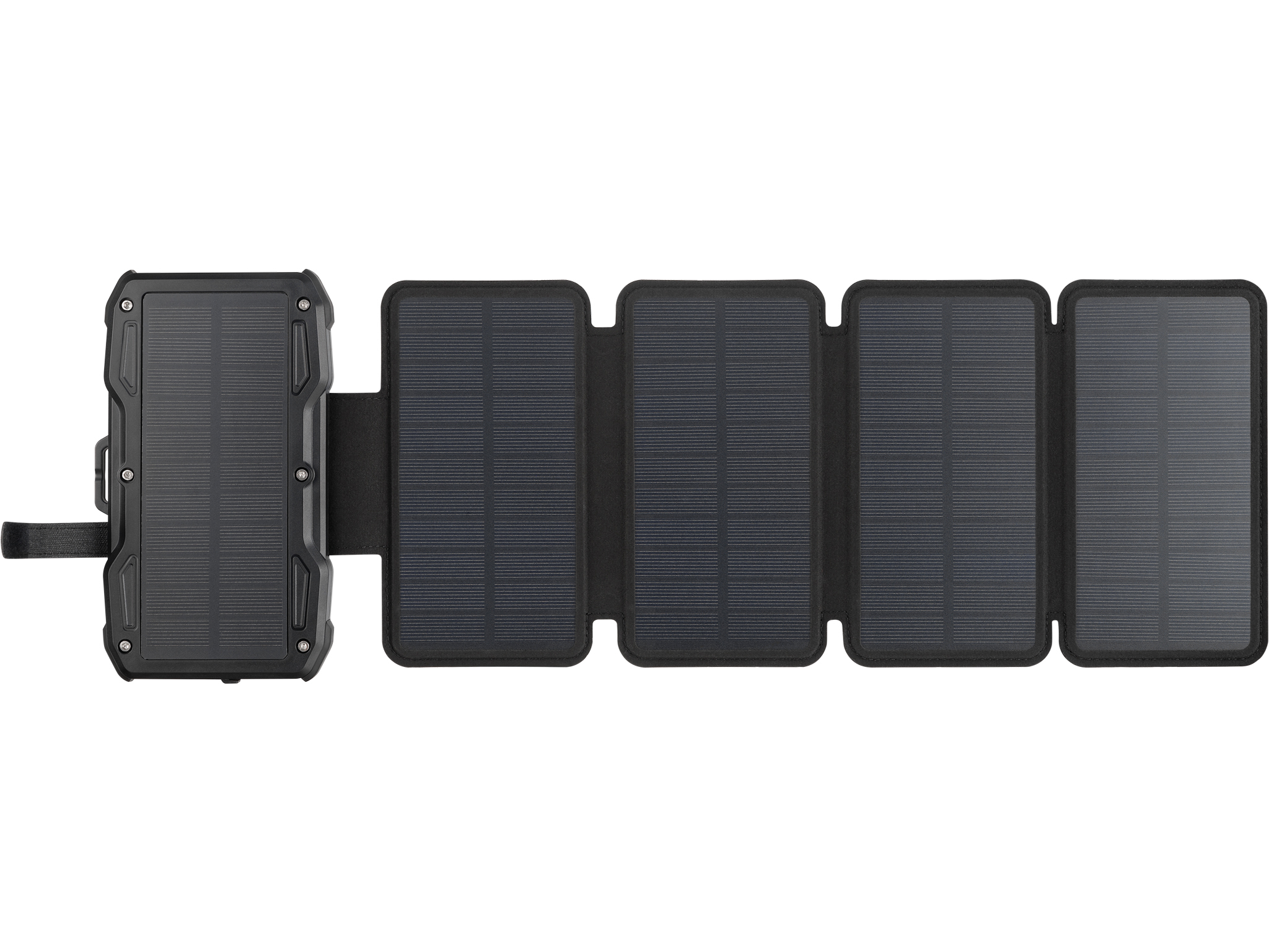 Een zwarte, opvouwbare zonneoplader wordt getoond. Het heeft meerdere panelen en een rechthoekige oplaadeenheid met een riem.