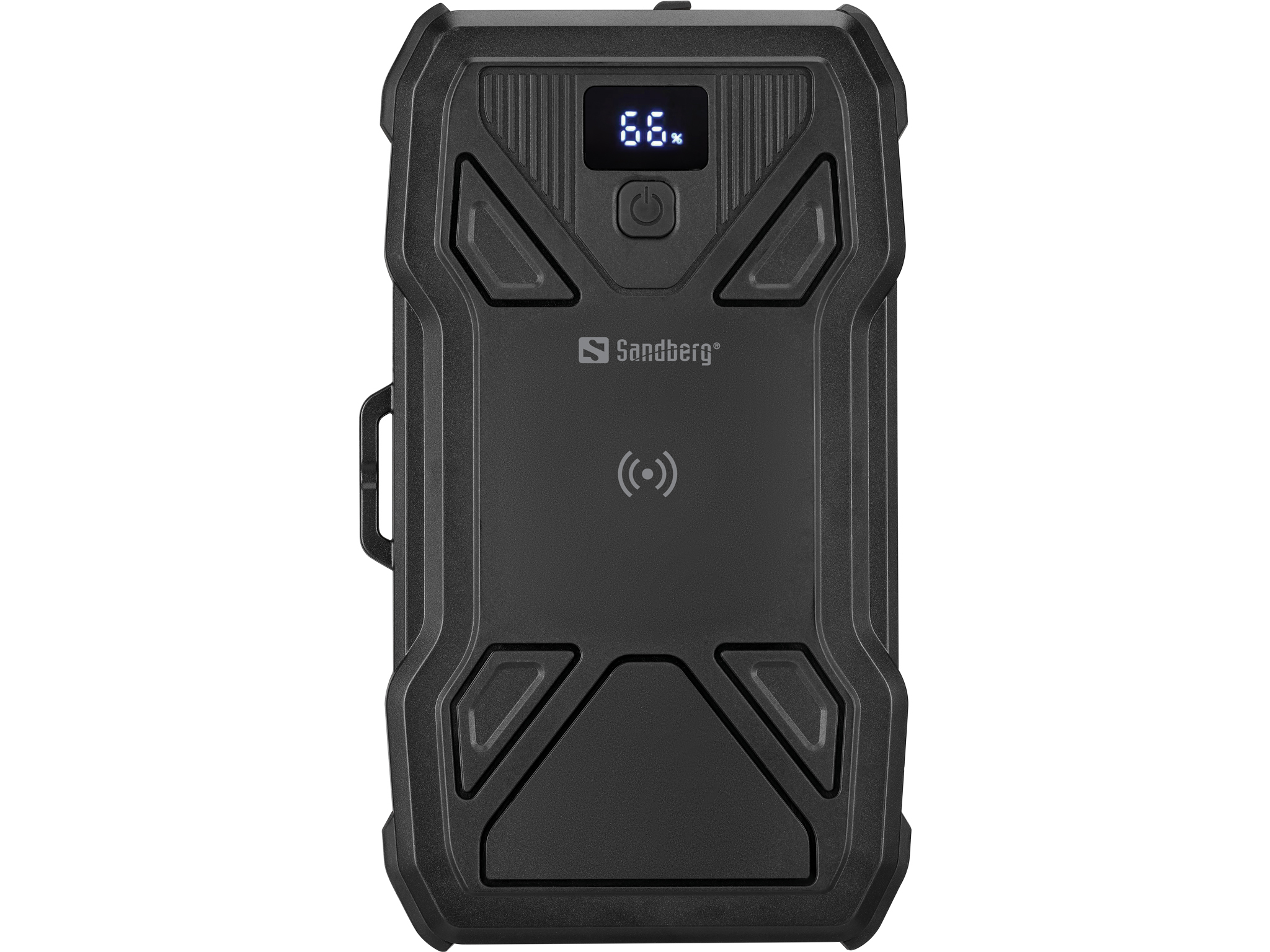 Zwarte powerbank met een digitaal display met 66%. Voorzien van een aan/uit-knop, Sandberg-logo en symbool voor draadloos opladen.