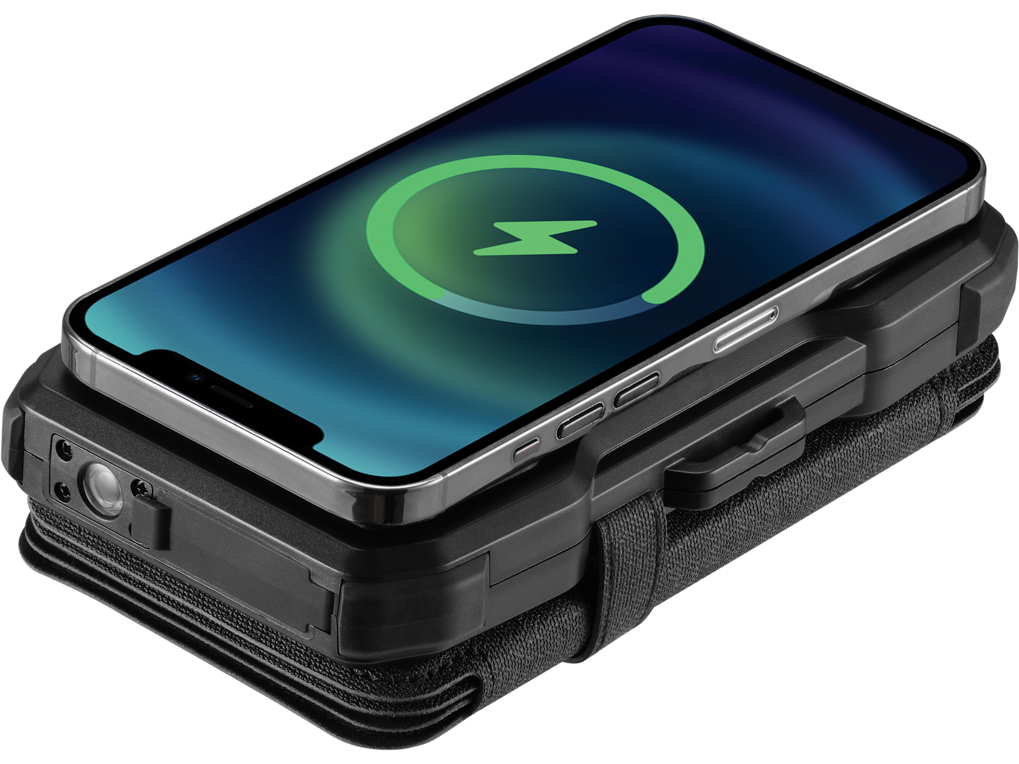 Een telefoon die draadloos oplaadt op een zwart oplaadpad. Het scherm toont een groen oplaadsymbool.