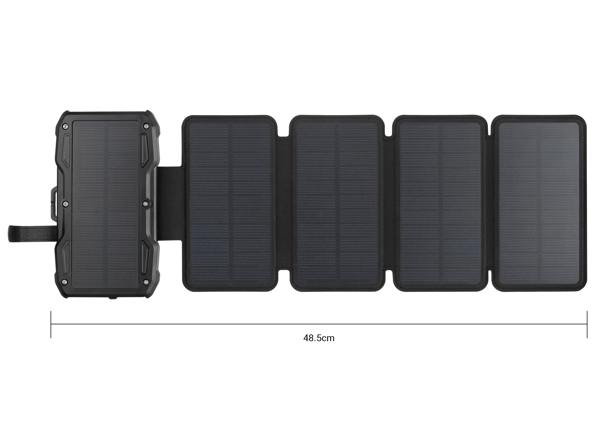 Zwart opvouwbaar zonnepaneel, 48,5 cm lang, met een rechthoekig paneel links en vier opvouwbare panelen rechts.
