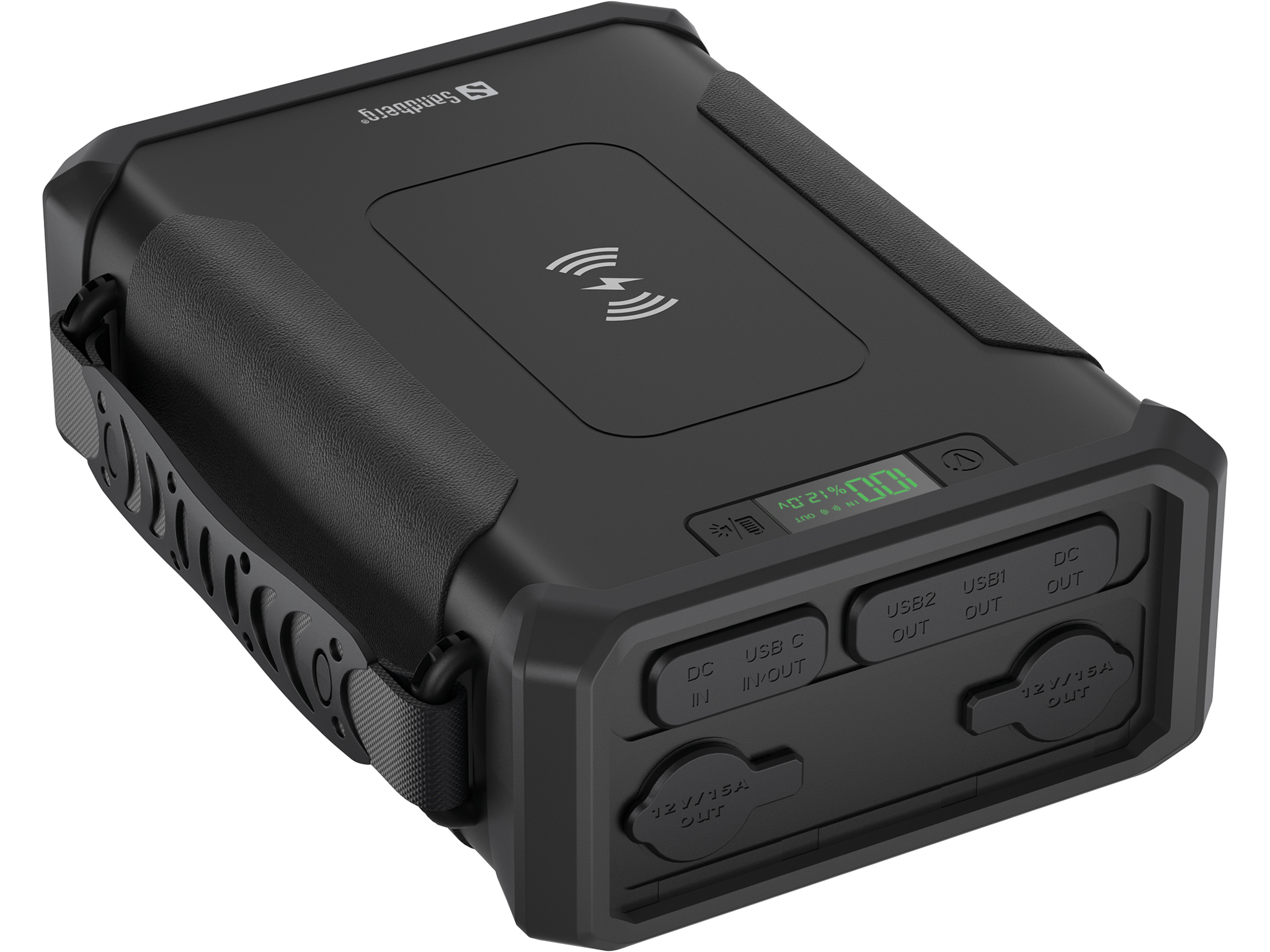 Power bank Sandberg nera con ricarica wireless, display digitale e più porte per uscita USB e CC. Ha una cinghia.
