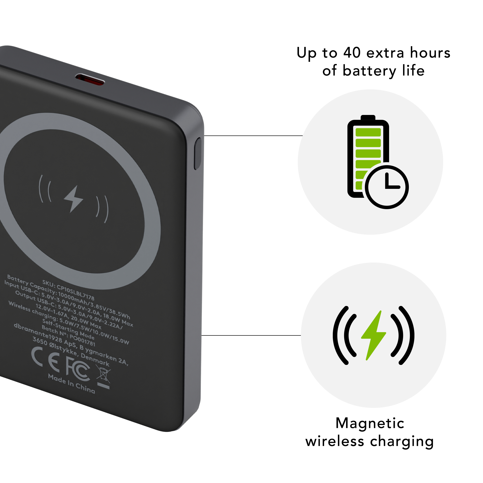 Un power bank nero con ricarica wireless. Testo: 'Fino a 40 ore di autonomia in più' e 'Ricarica wireless magnetica'.
