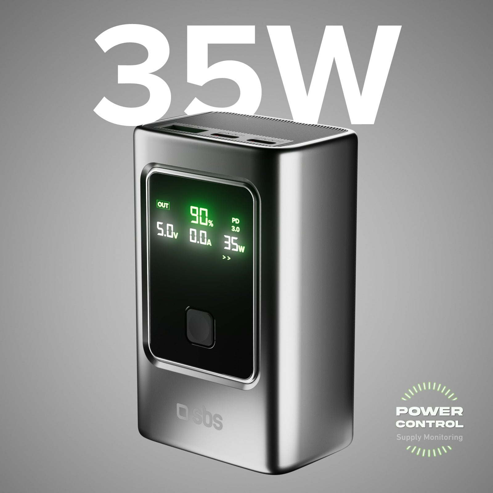 Srebrny power bank z ekranem wyświetlającym 90%, 5,0V i 35W. '35W' dużymi białymi literami u góry.