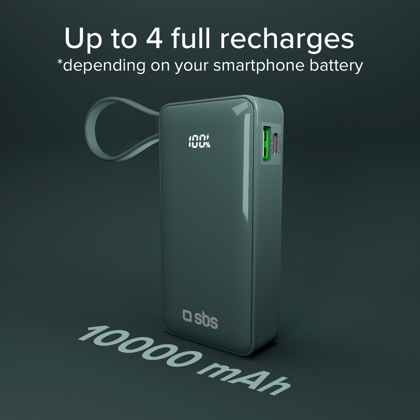 Un power bank verde acqua con display digitale che mostra il 100%. Il testo recita 'Fino a 4 ricariche complete' con '10000 mAh' sotto.