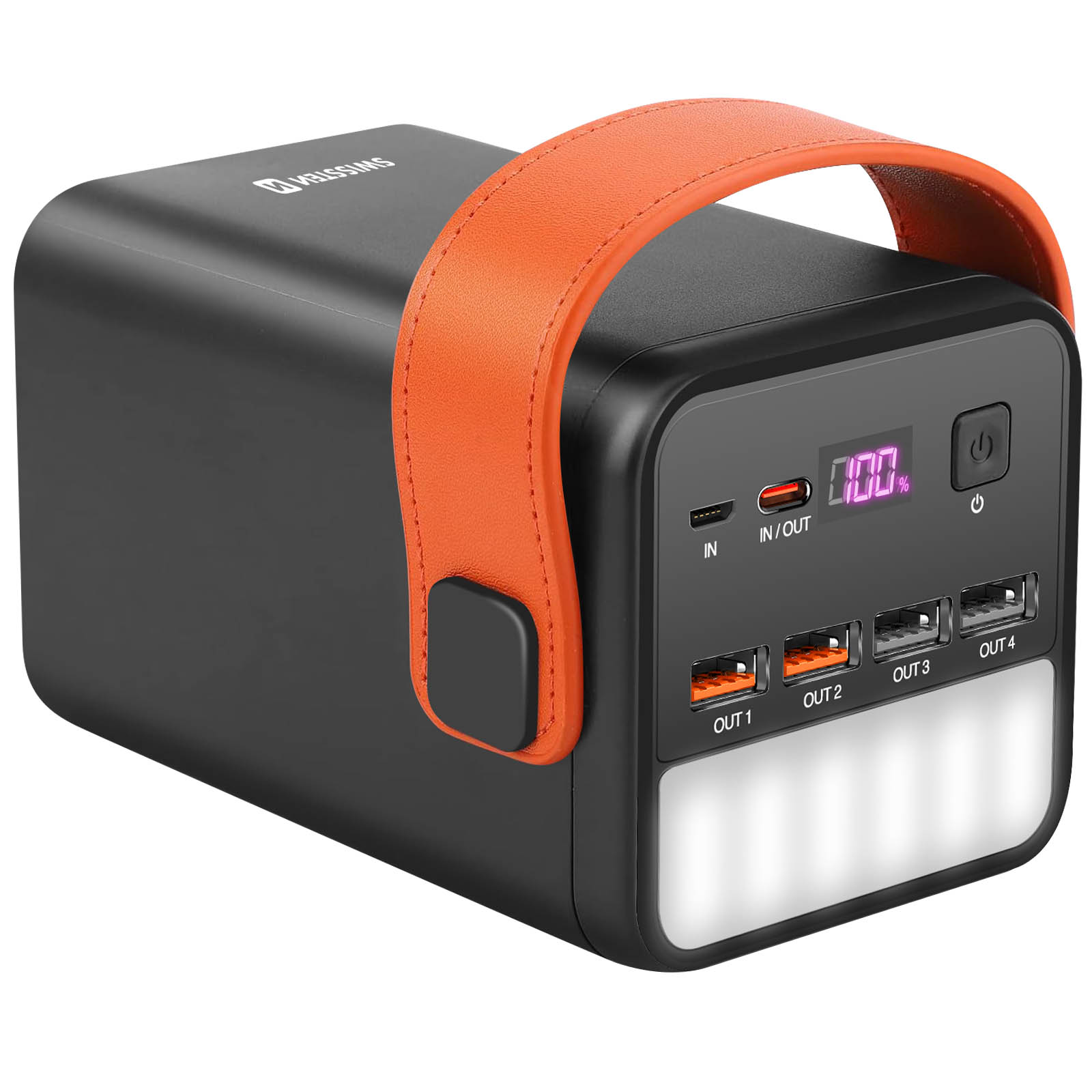 Un power bank nero con manico arancione. Ha più porte di uscita e un display digitale che mostra il 100% di carica.