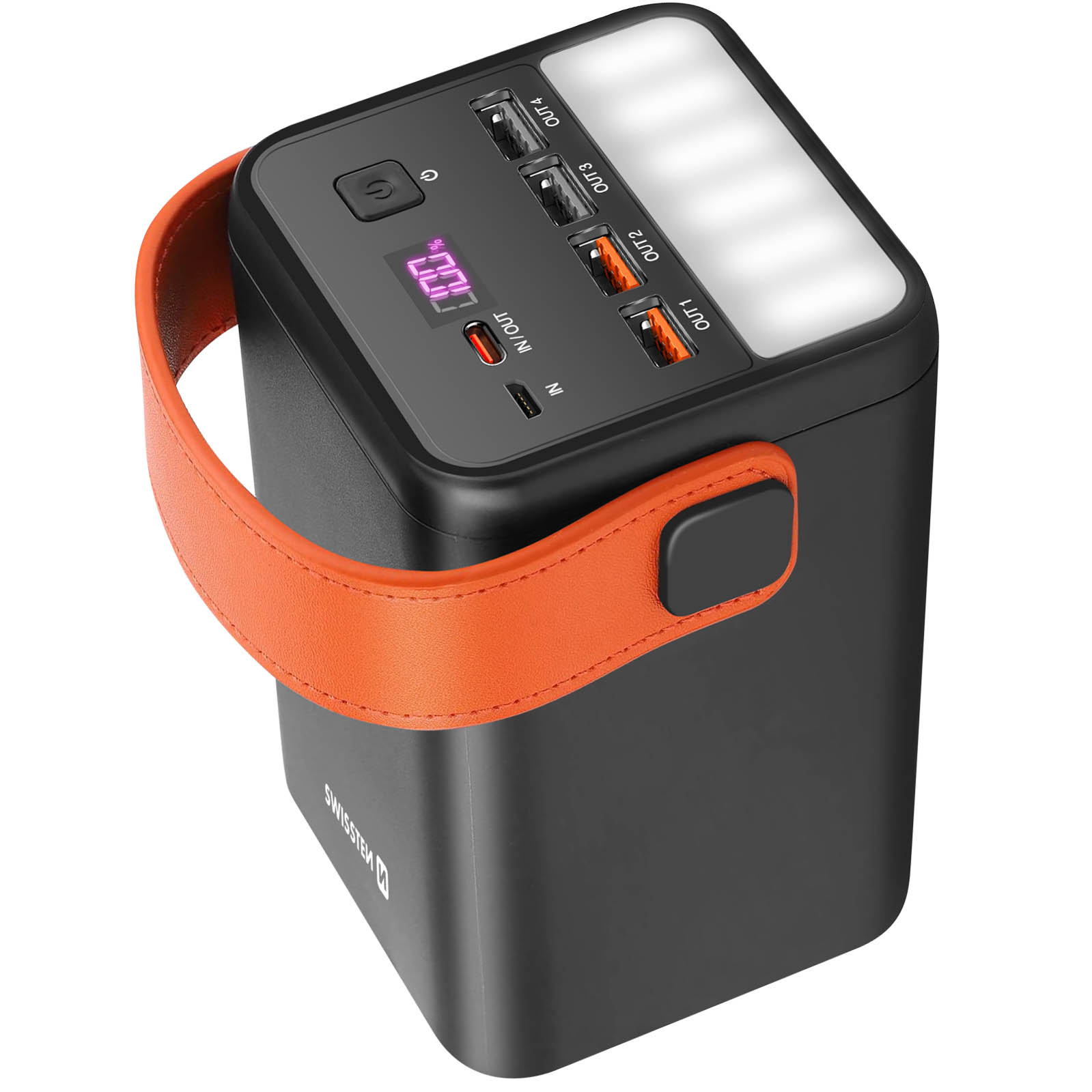 Power bank nera con manico arancione. Dispone di porte USB, display digitale e luce. Marchio SwissTem.