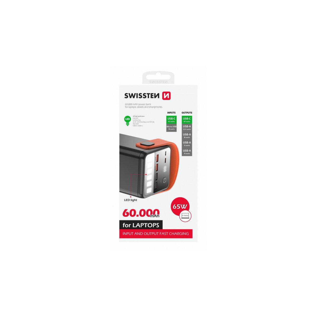 Viene mostrato un power bank, nero e arancione. Ha ingressi, uscite, luce LED ed etichette di 60.000 mAh, 65W e per laptop.