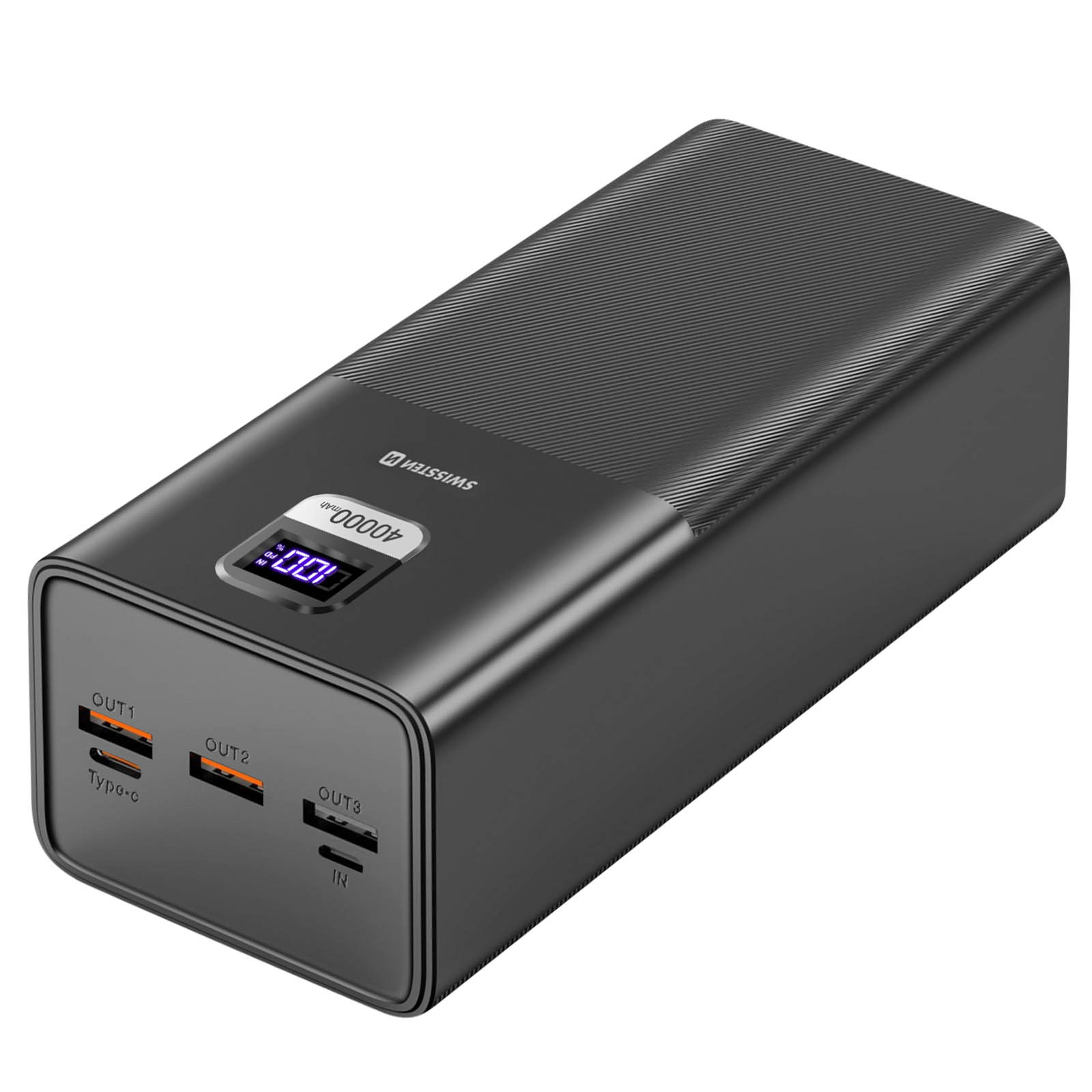 Power bank nero con display digitale che mostra il 100%. Ha più porte di uscita e il marchio SWISS+TECH.