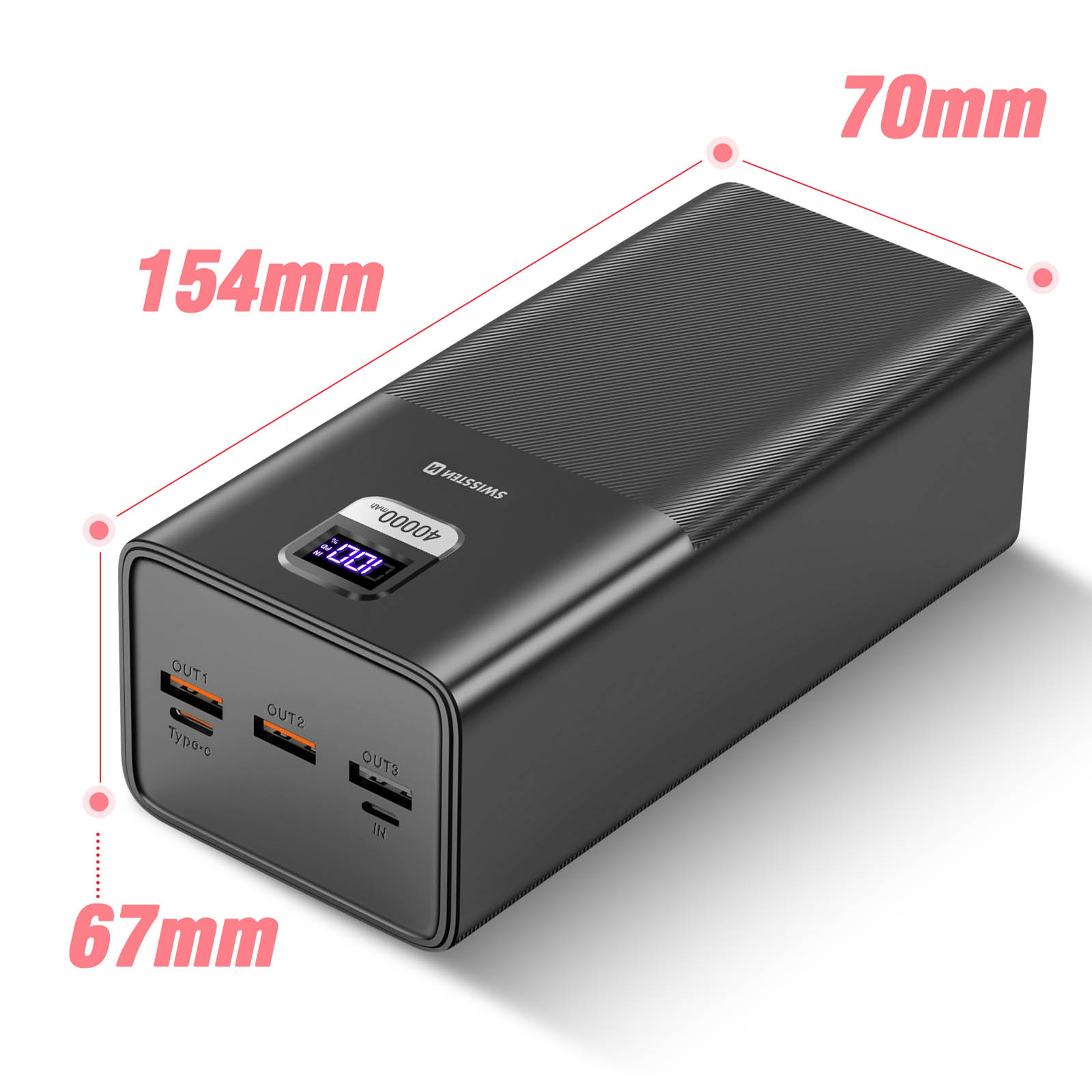 Un power bank nero con dimensioni, che mostra le porte e un display. Misura 154 mm x 70 mm x 67 mm. Il display mostra il livello della batteria.